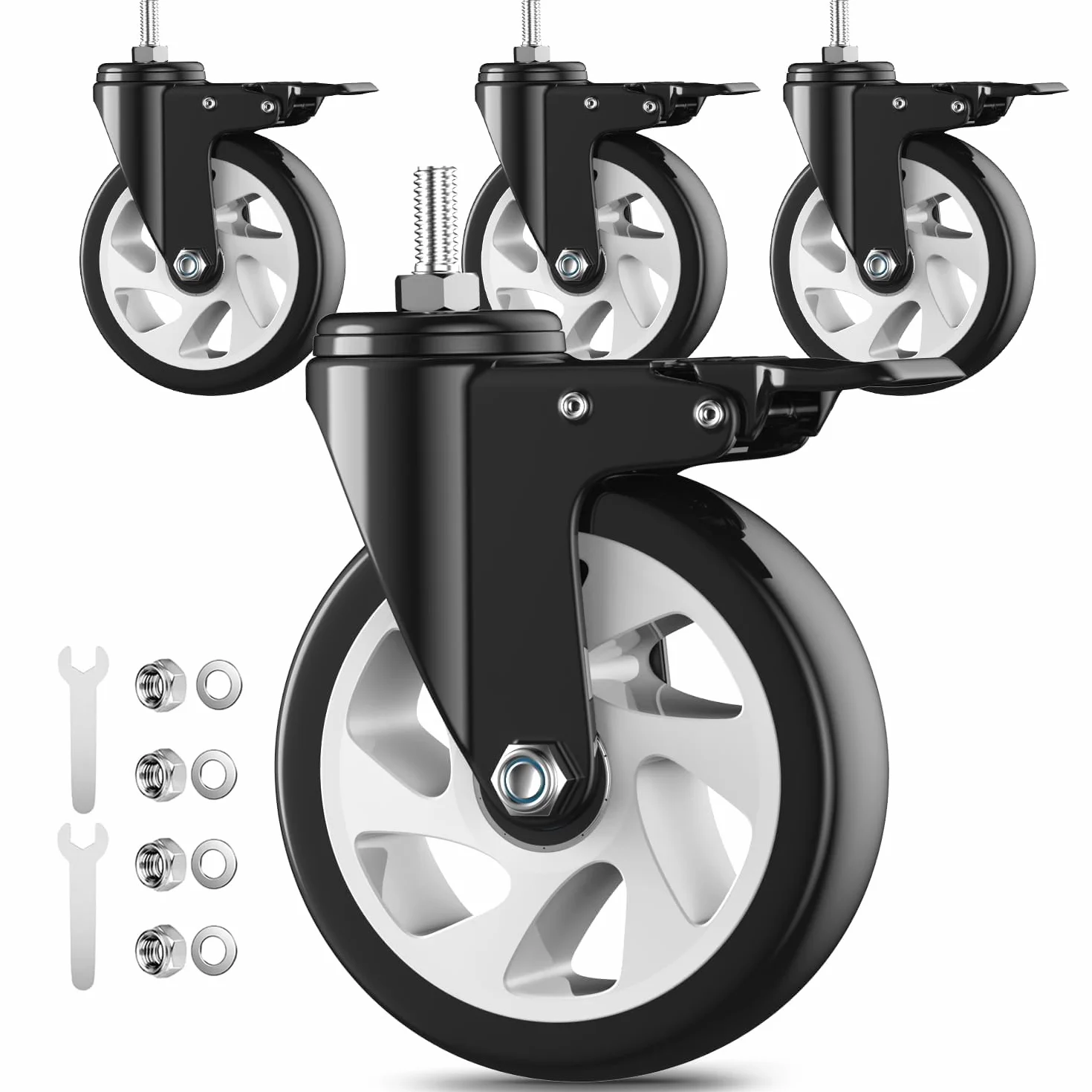 5-calowe wytrzymałe kółka jezdne, zestaw 4 kółek trzpieniowych, 3/8"-16 x 1 (średnica trzpienia 3/8", długość trzpienia 1"), blokowane obrotowe kółka trzpieniowe z gwintem, zestaw 4 kółek