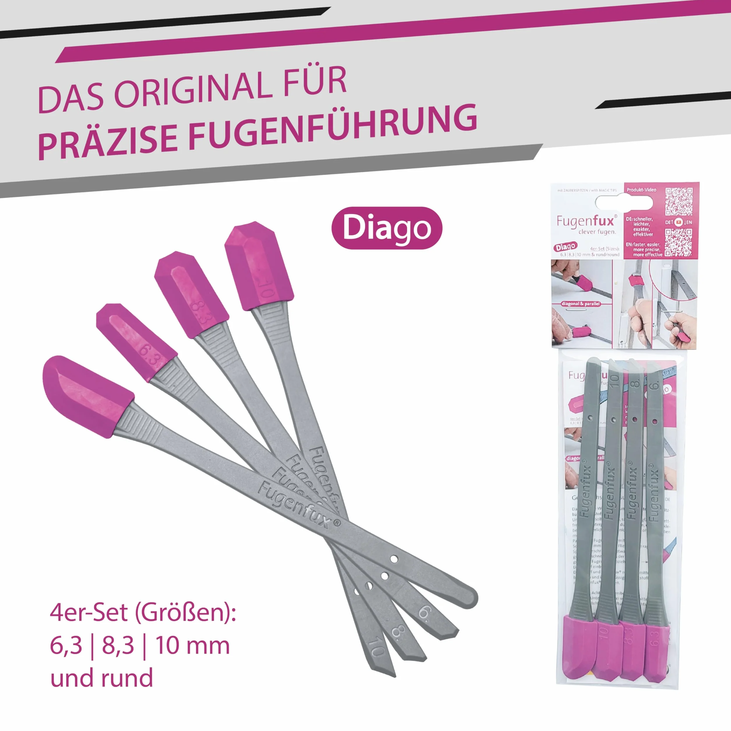 FUGENFUX® DIAGO 4-częściowy zestaw do fug – ściągacz do wąskich miejsc, silikonu, akrylu, Made in Germany
