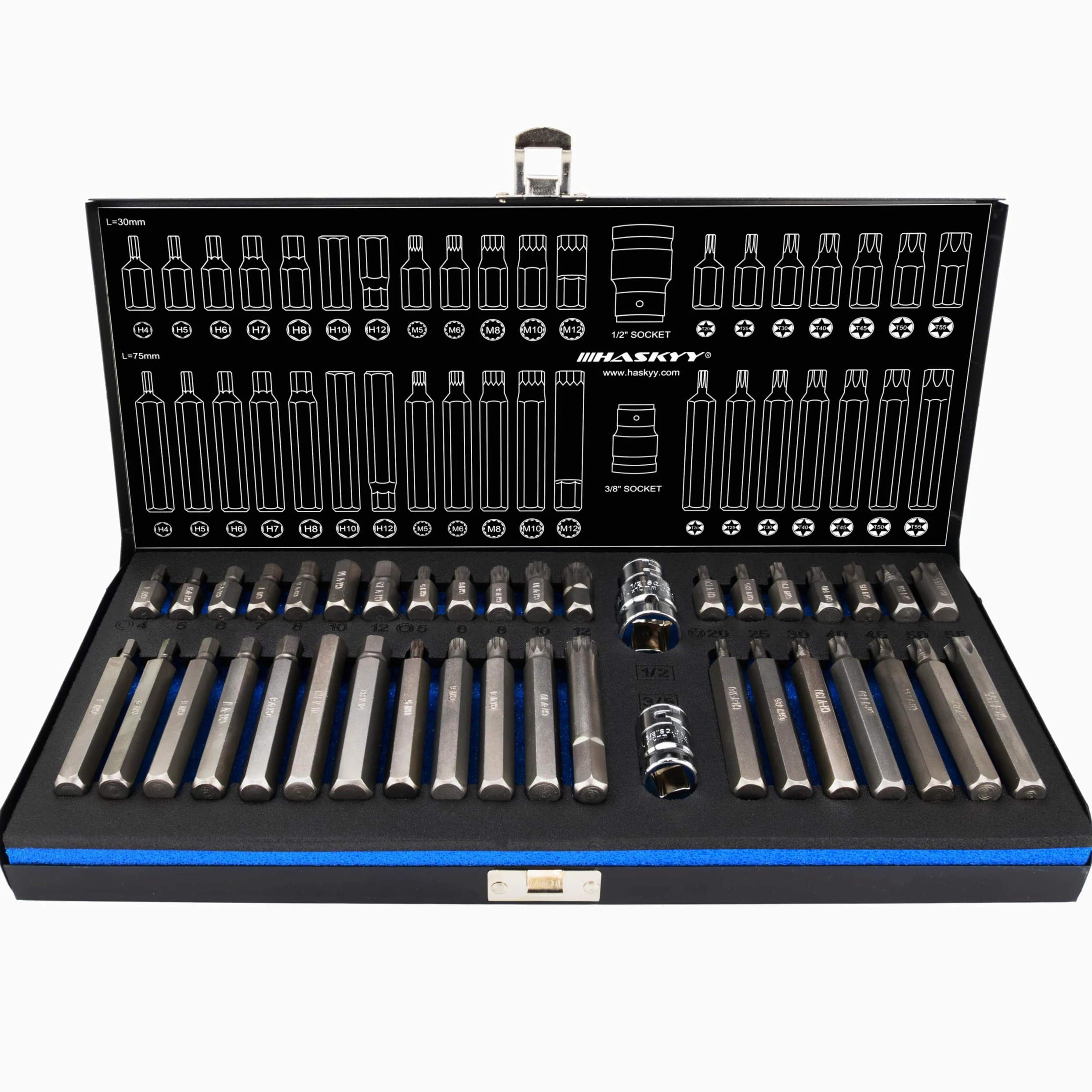 HASKYY 40-częściowy zestaw nasadek sześciokątnych Torx XZN I Torx: T20 T25 T30 T40 T45 T50 T55 I XZN: M5 M6 M8 M10 M12 I wewnętrzny sześciokąt: 4 5 6 7 8 10 12 mm