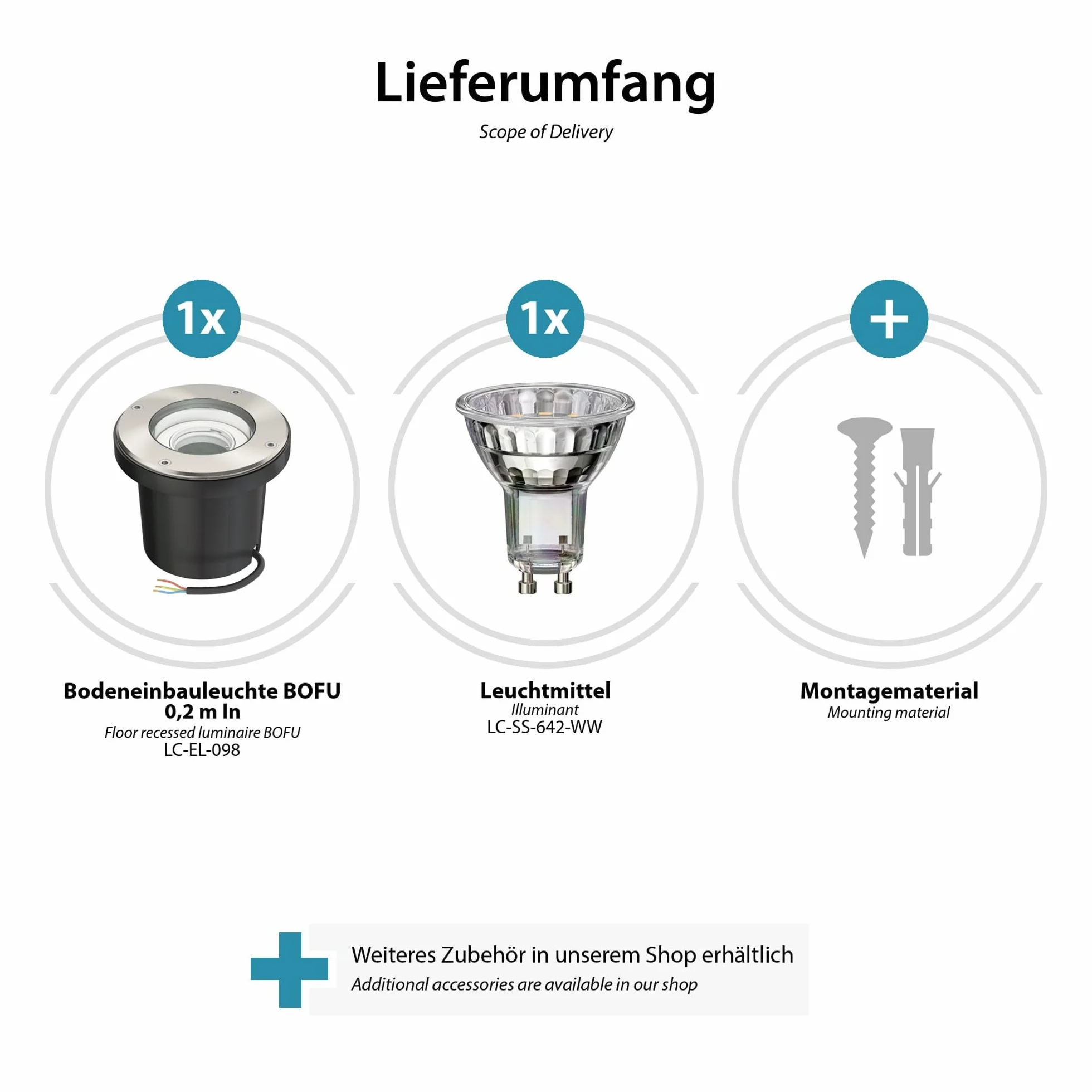 ledscom.de 2x wpuszczana lampa podłogowa BOFU do zastosowań zewnętrznych obrotowa okrągła ze stali nierdzewnej IP67 150mm Ø z lampą LED (ciepła biel, 2.339W, 227lm, 110°)
