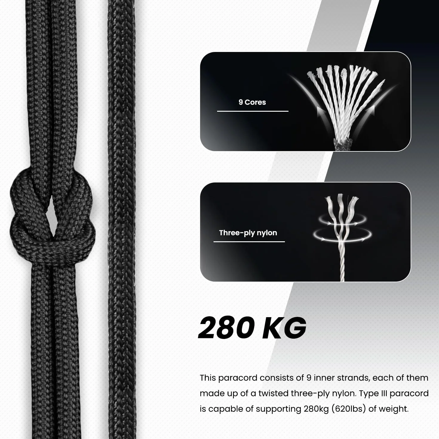 Abma Cord Paracord 4mm 15m 100% Nylonowa Sznurek Linka 9-żyłowa Typ III do Biwakowania, Majsterkowania, Zewnątrz, Survivalowy - Max. 280kg (620lb) - Czarny