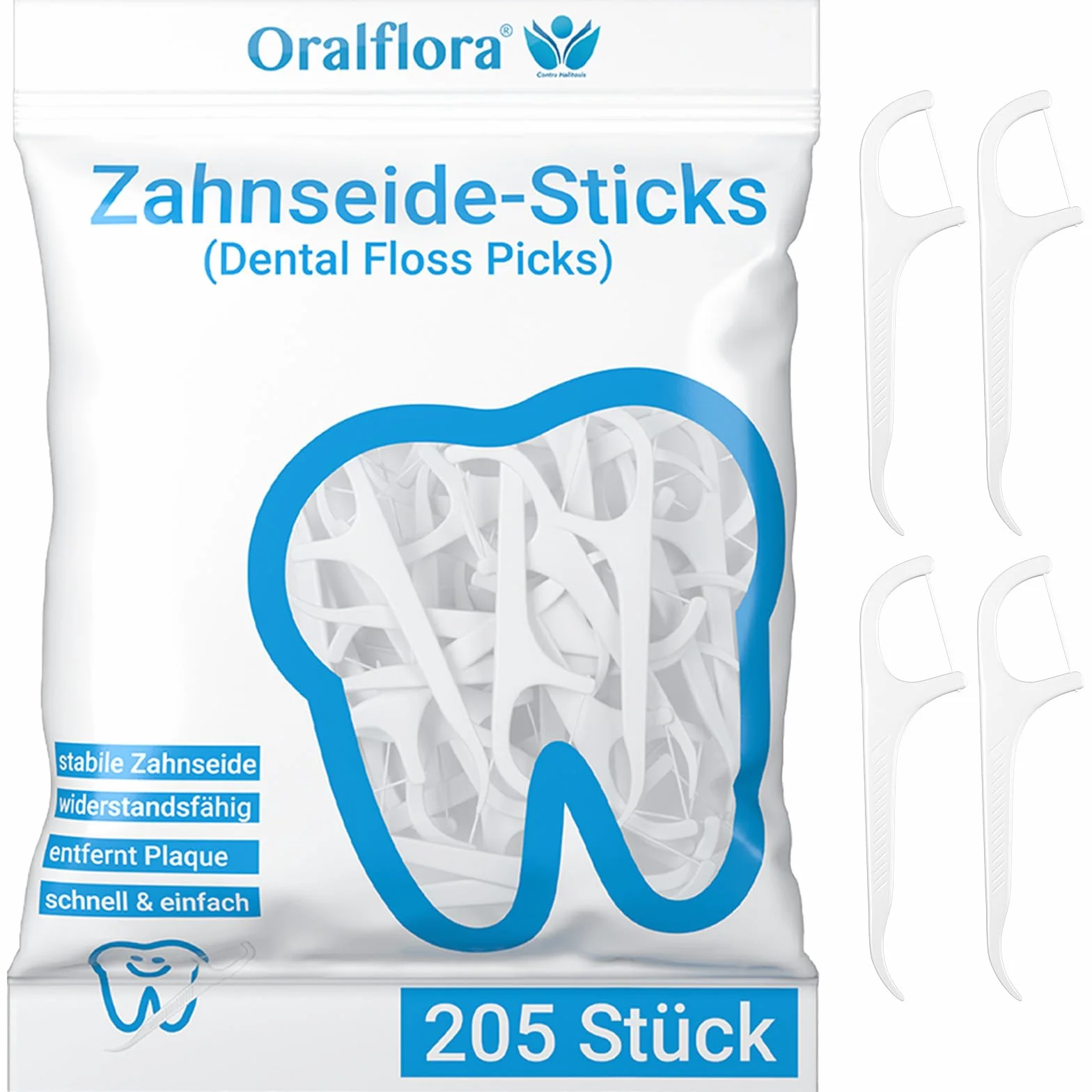 205 x patyczki z nicią dentystyczną – Dental Floss Picks – Oralflora – czyszczenie przestrzeni międzyzębowej do pielęgnacji zębów i zdrowych dziąseł i zębów trzonowych – 2 w 1 z wykałaczką na uchwycie