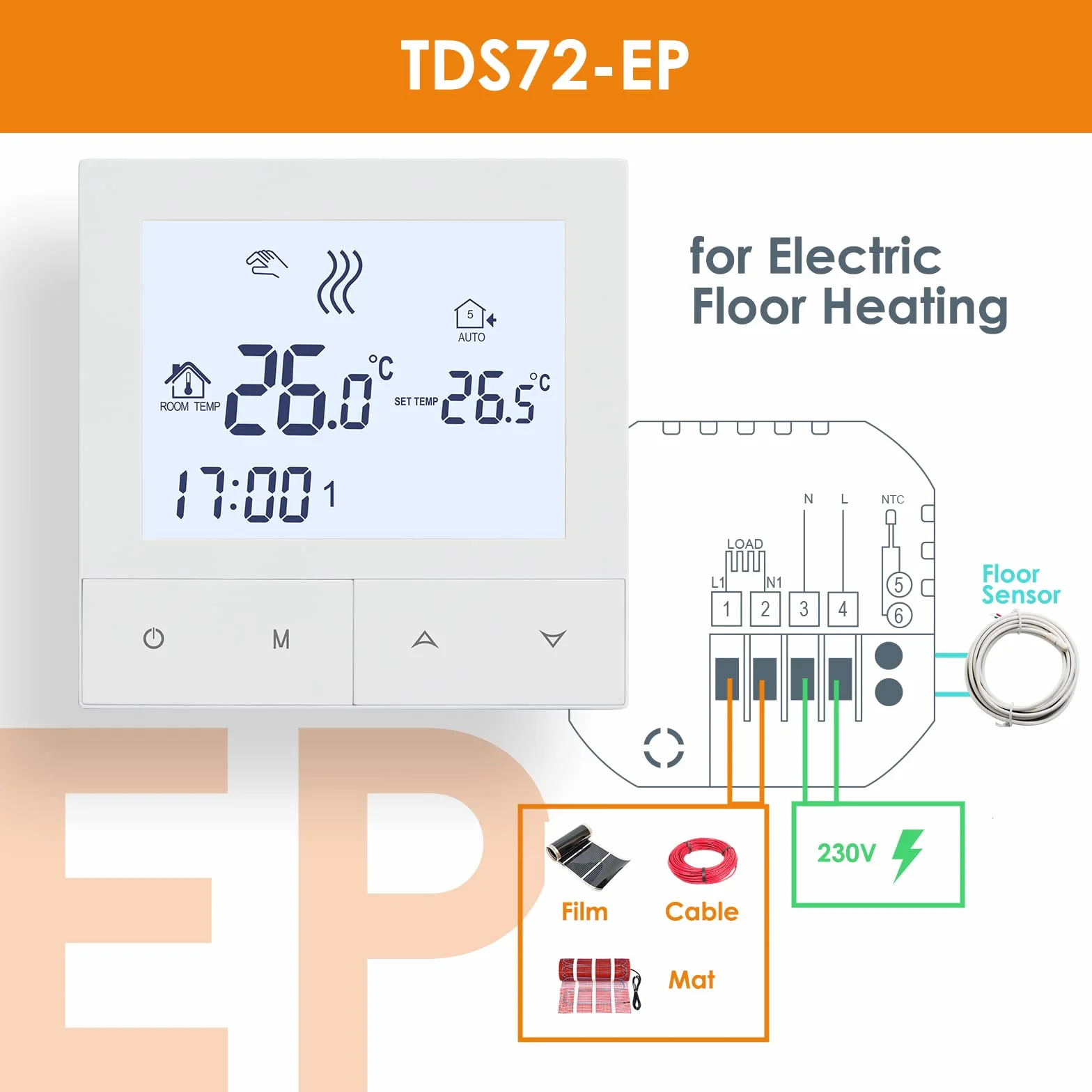 BEOK CONTROLS Elektryczny termostat grzewczy, termostaty pokojowe inteligentne programowalne tygodniowe cyfrowe do elektrycznego ogrzewania podłogowego TDS72-EP 16A