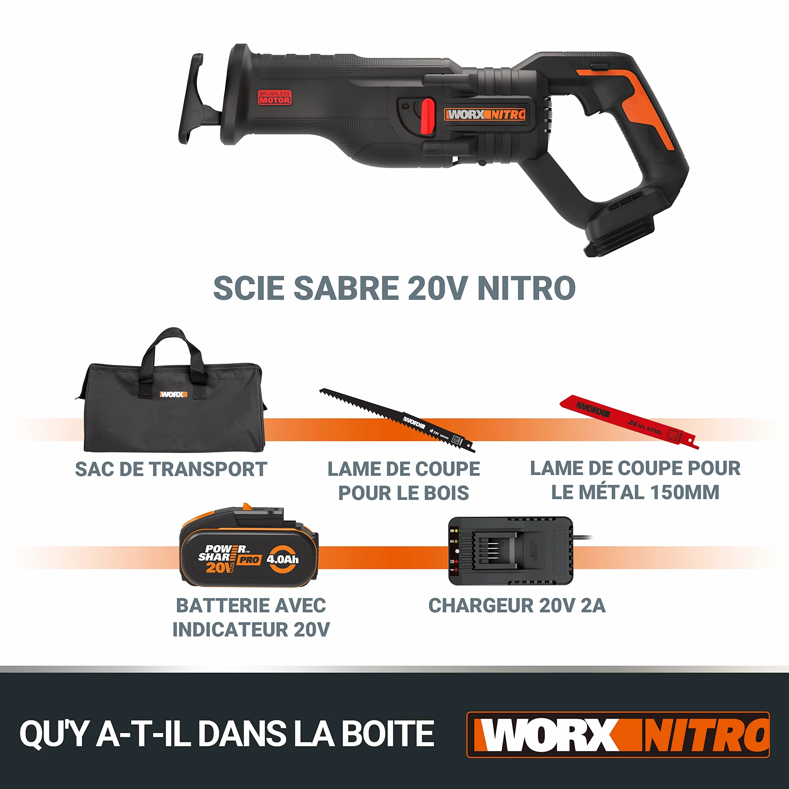 WORX WX516 Nitro akumulatorowa piła szablasta 20 V – wydajny silnik bezszczotkowy – szybka wymiana brzeszczotu – zmienna prędkość cięcia – światło LED – w zestawie akumulator 4 Ah, szybka ładowarka i