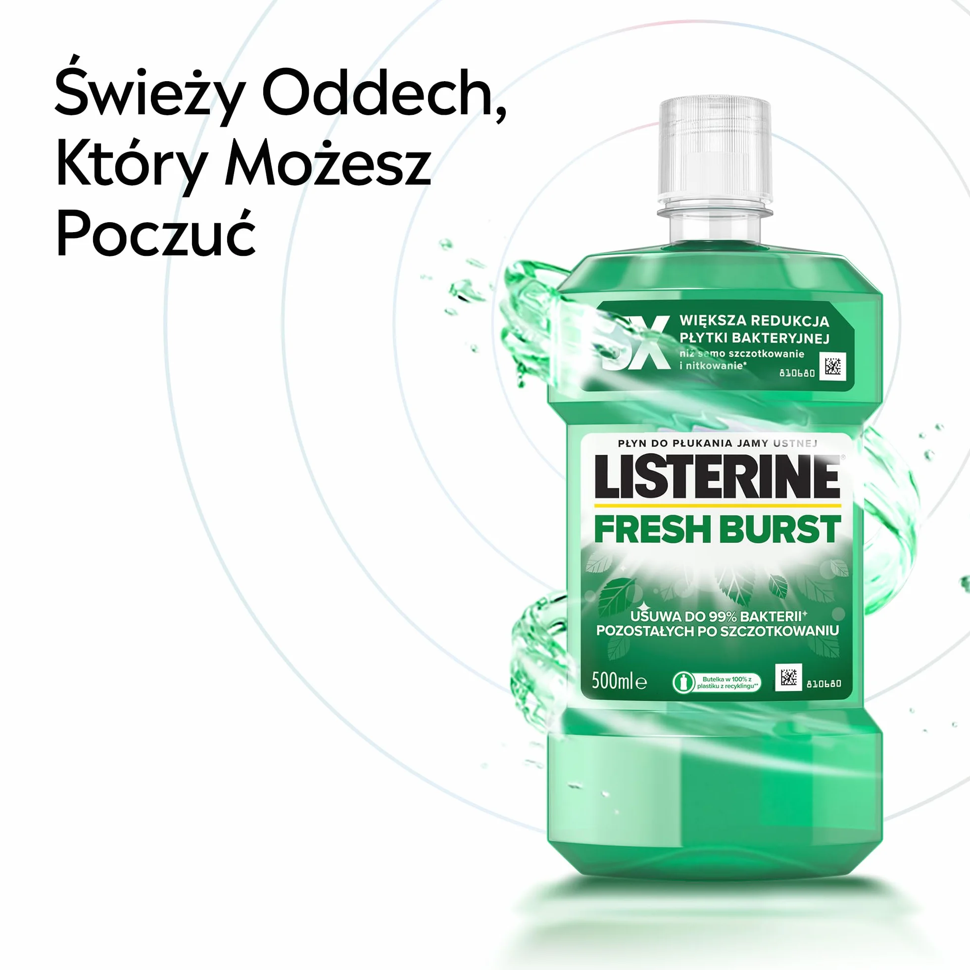 LISTERINE Fresh Burst 500ml, Płyn do płukania jamy ustnej z olejkami eterycznymi, usuwa bakterie, redukuje płytkę nazębną, długotrwale odświeża oddech