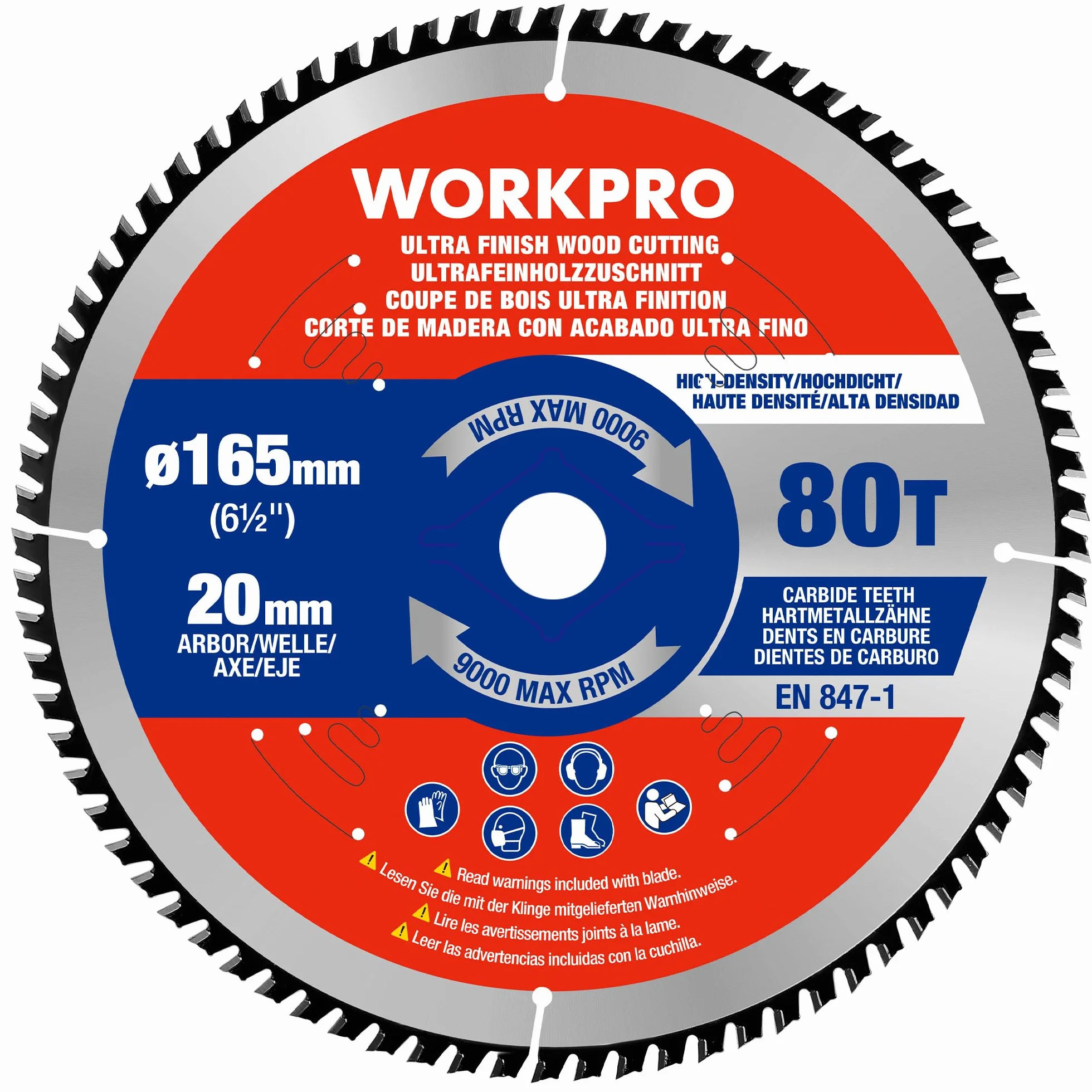WORKPRO Piła tarczowa 165 x 20 mm 80 zębów, tarcza tnąca TCT do drewna, sklejki, MDF, płyty gipsowo-kartonowej, laminatu, tworzywa sztucznego