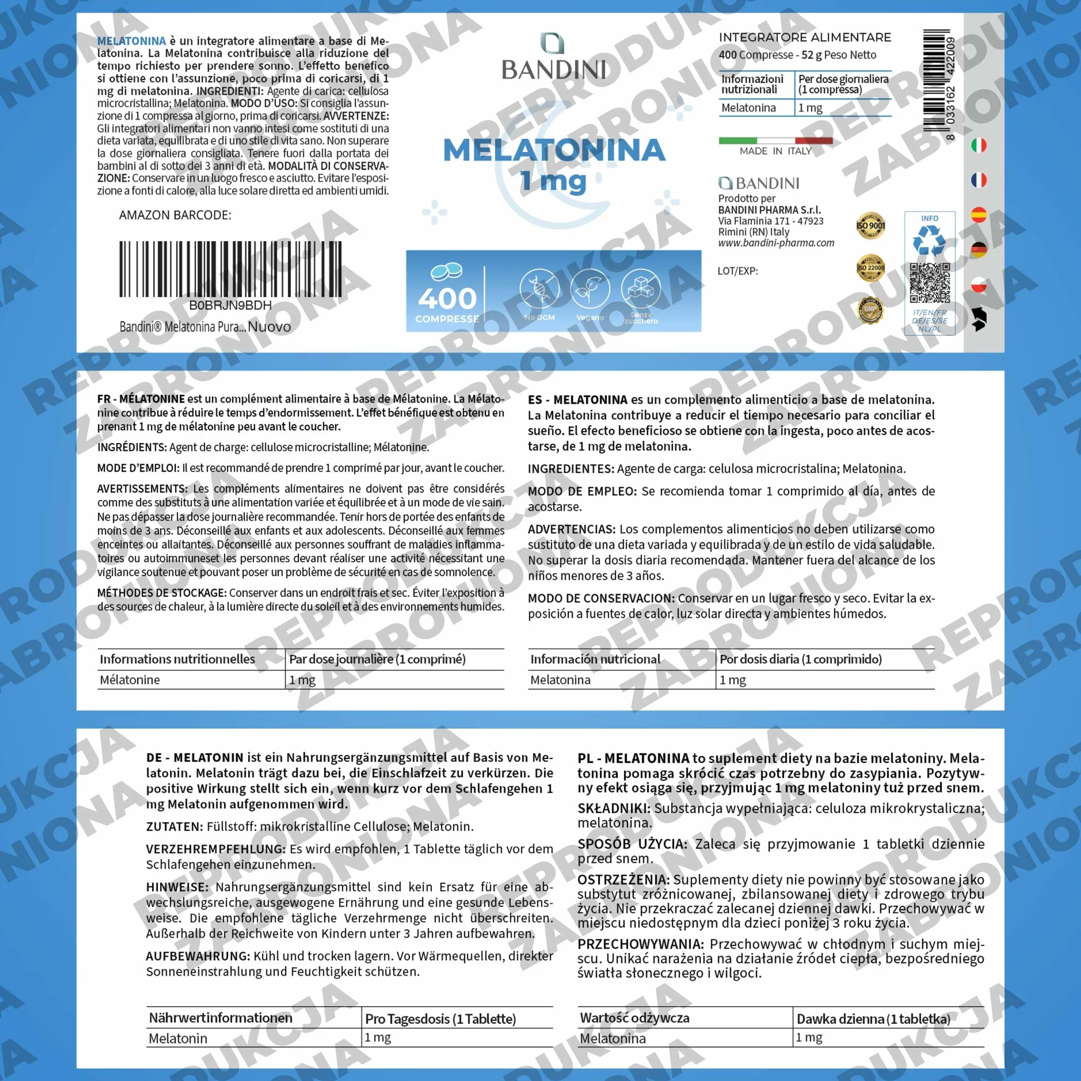 Bandini® Pure Melatonin - 400 wegańskich tabletek (zapas + 12 miesięcy), Melatonina Suplement na sen 1 mg w tabletce - Łatwy do połknięcia, Suplement na lepszy odpoczynek, Silna melatonina na sen