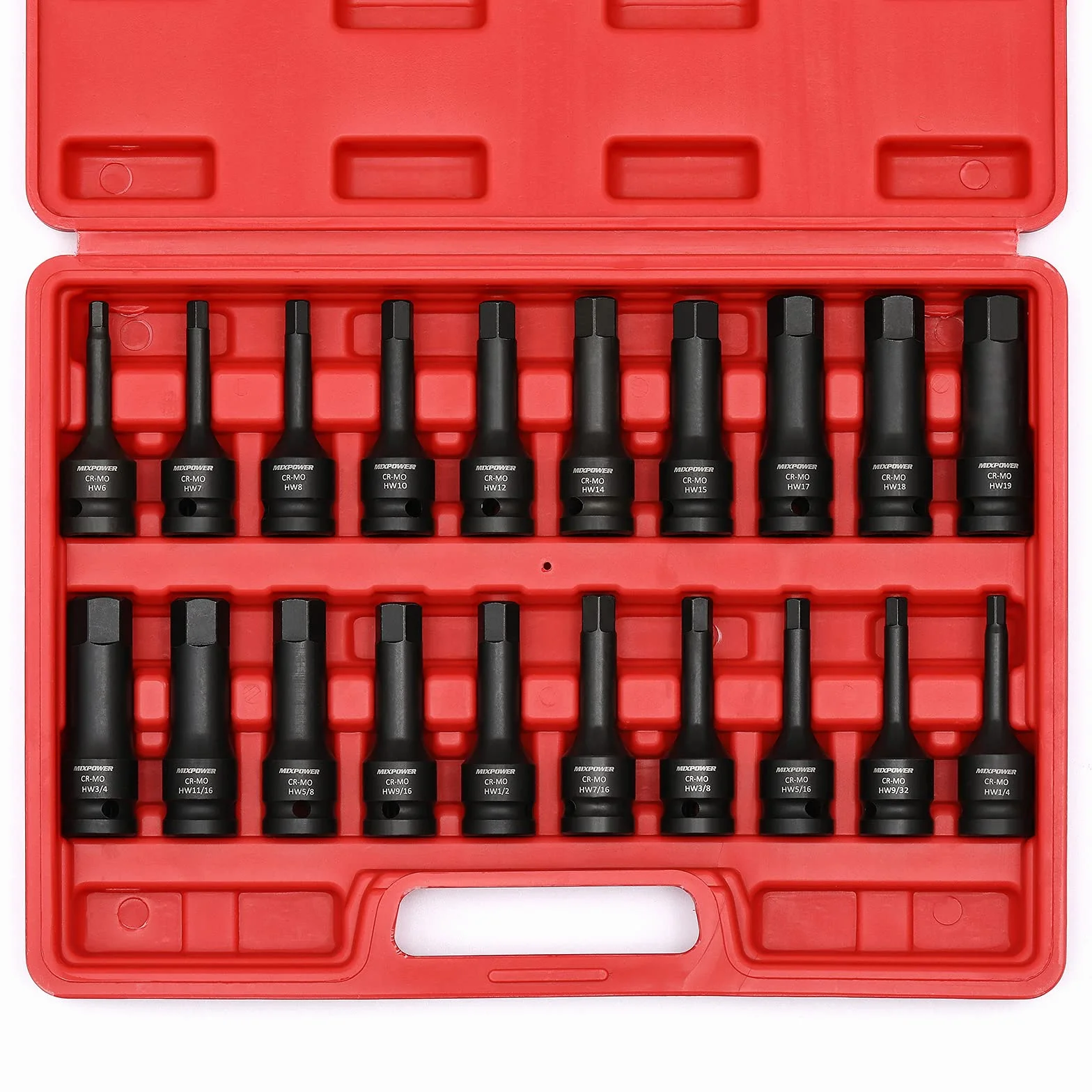 MIXPOWER 1/5.1 cm Drive Master Impact Zestaw bitów sześciokątnych, 20-częściowy zestaw nasadek imbusowych 1/5.1 cm, SAE/metryczny, 1/10.2 cm - 3/10.2 cm, 6-19 mm, stal Cr-Mo, klasa udarności