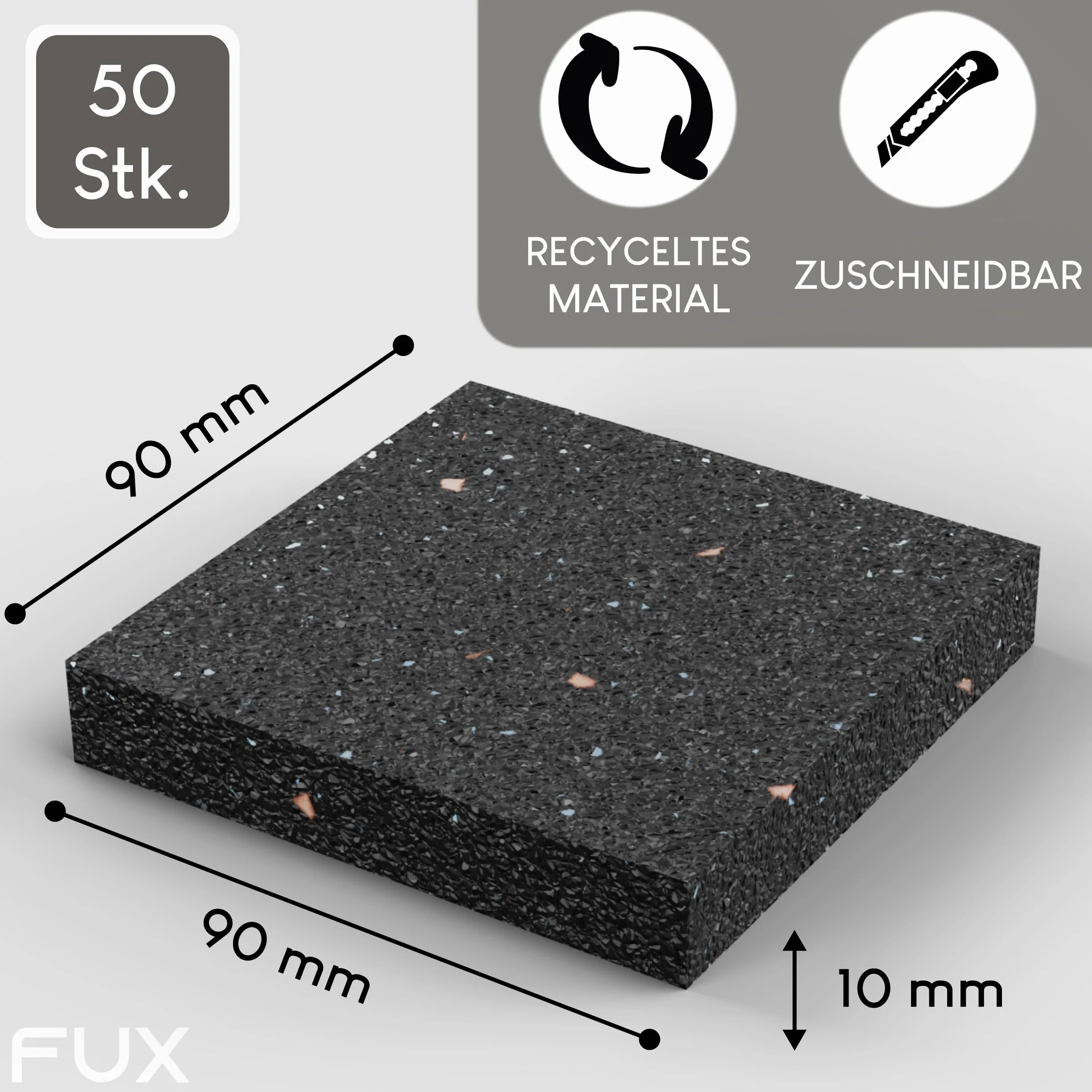 FUX Podkładki tarasowe - 50 sztuk - 90 x 90 x 10 mm | Antypoślizgowa ochrona podłoża, odprowadza wodę, odporne na warunki atmosferyczne, granulat gumowy