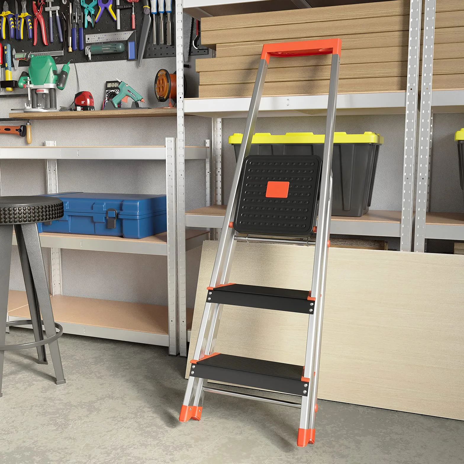 SONGMICS Drabina z 3 stopniami, drabina aluminiowa, stopnie o szerokości 12 cm z przetłoczeniami, nóżkami antypoślizgowymi, półką na narzędzia, nośność do 150 kg, czarno-pomarańczowy GLT03BK