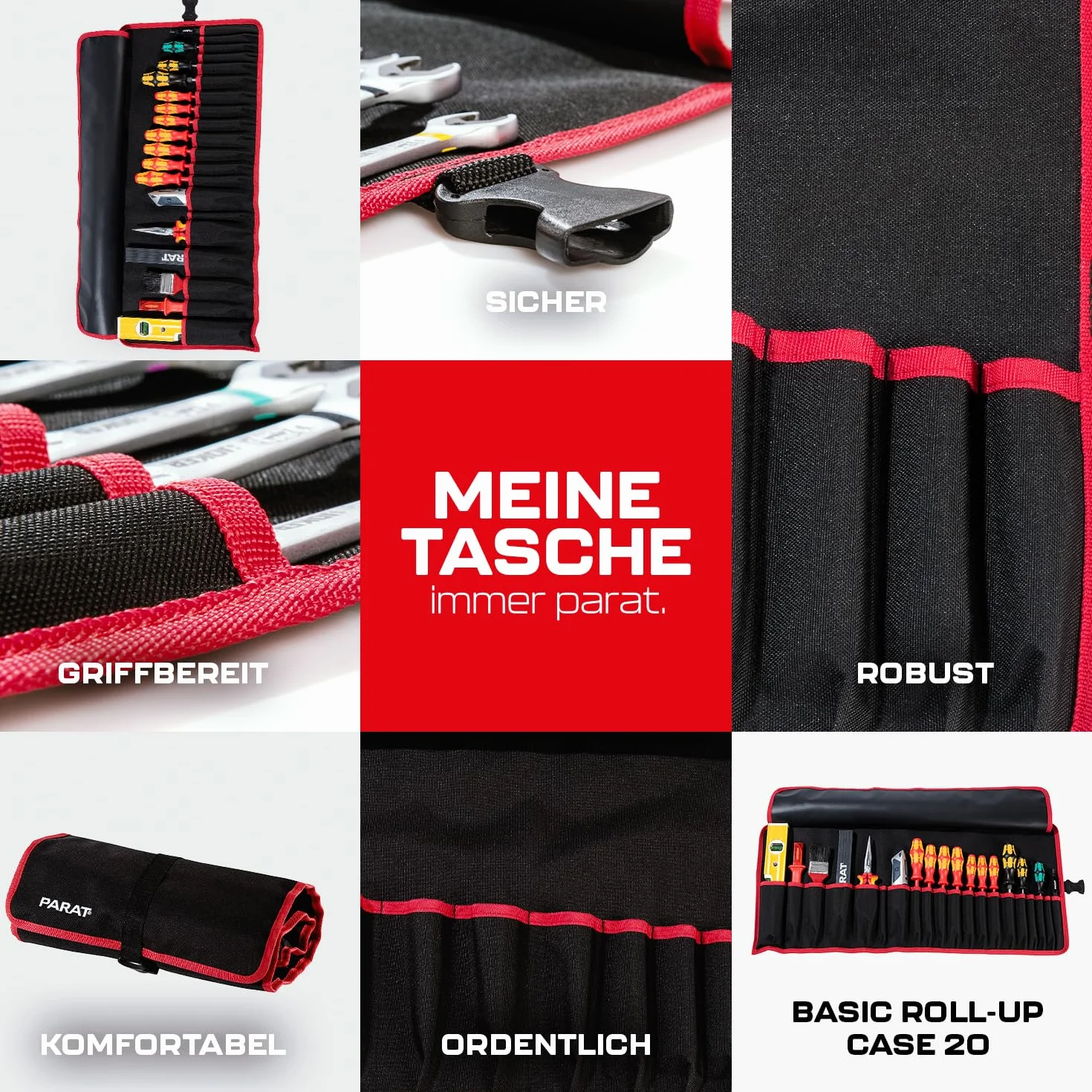 PARAT BASIC Roll-Up Case 20 | zwijana torba na 20 narzędzi z nylonu | kompaktowa torba na narzędzia z zamknięciem wtykowym | pusta rolka na narzędzia dla rzemieślników | torba na narzędzia premium