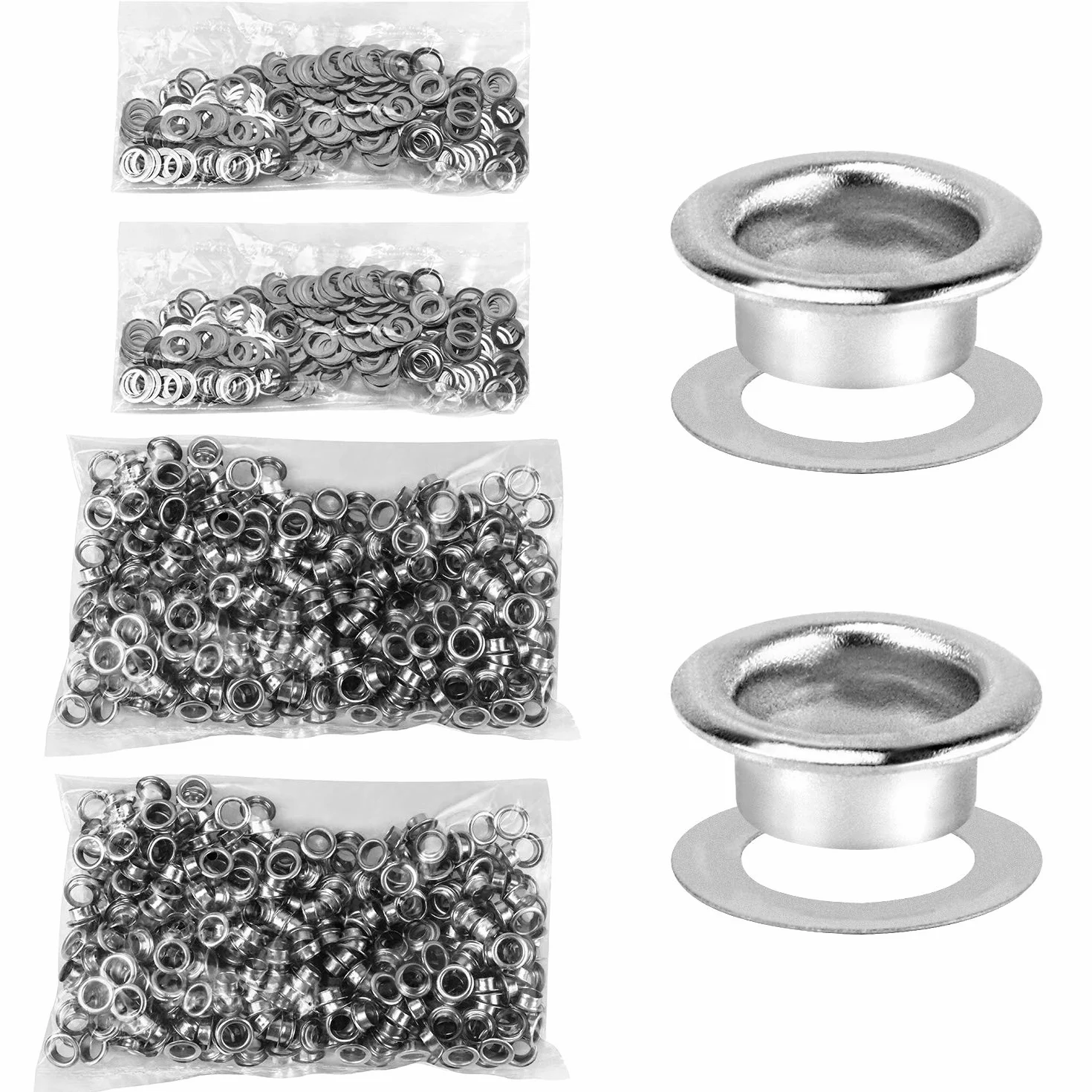 QWORK Zestaw narzędzi do przelotek, 1000 sztuk oczek przelotek i 1000 sztuk podkładek do oczek, 6 mm (1/4 cala), srebrny, do butów, odzieży, plandek z tkaniny skórzanej,washer self backing