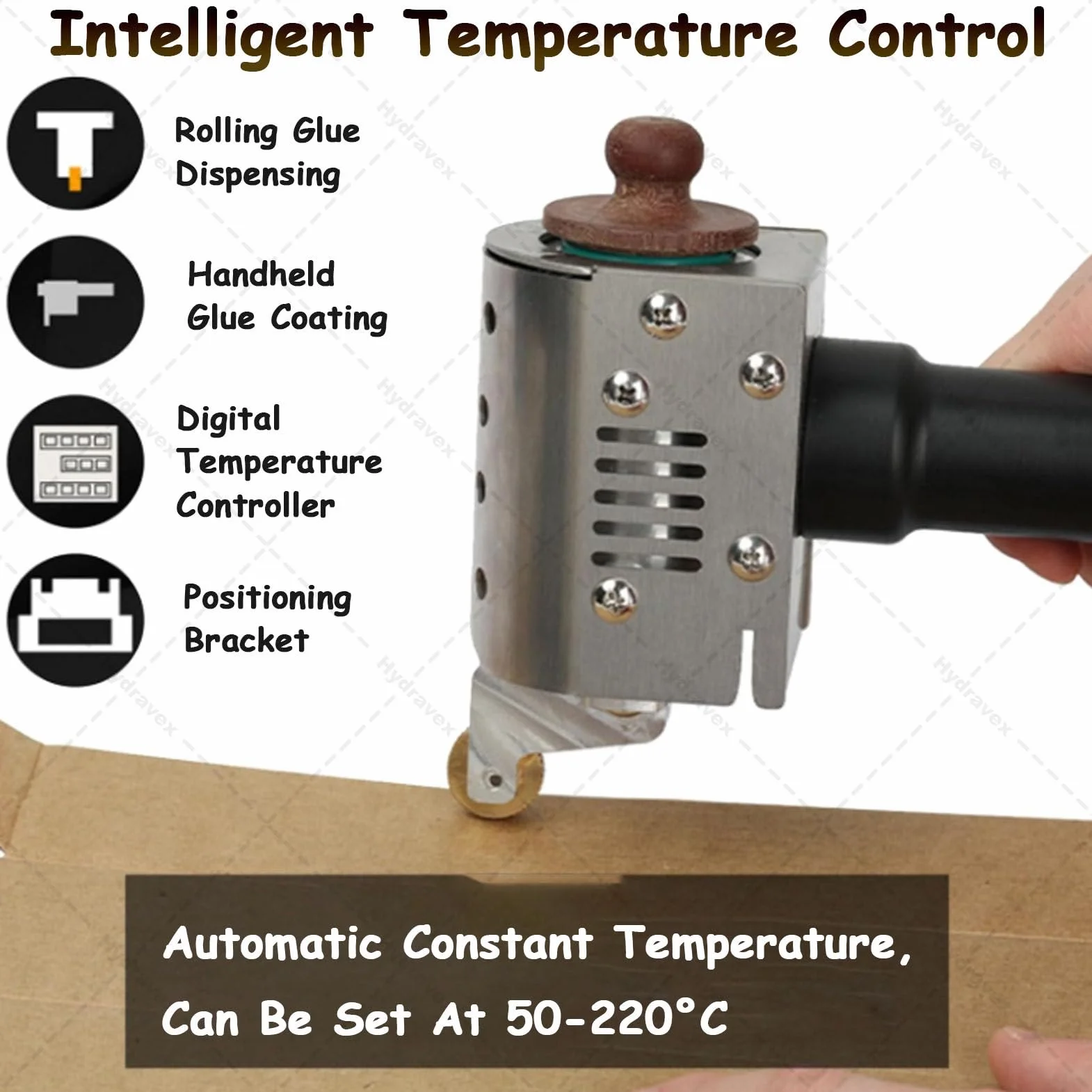Maszyna do zwijania kleju topliwego, ręczny aplikator kleju z wkładem, regulowana temperatura 50-220°C, do skóry, kartonu, albumu, 150 ml - 20 mm