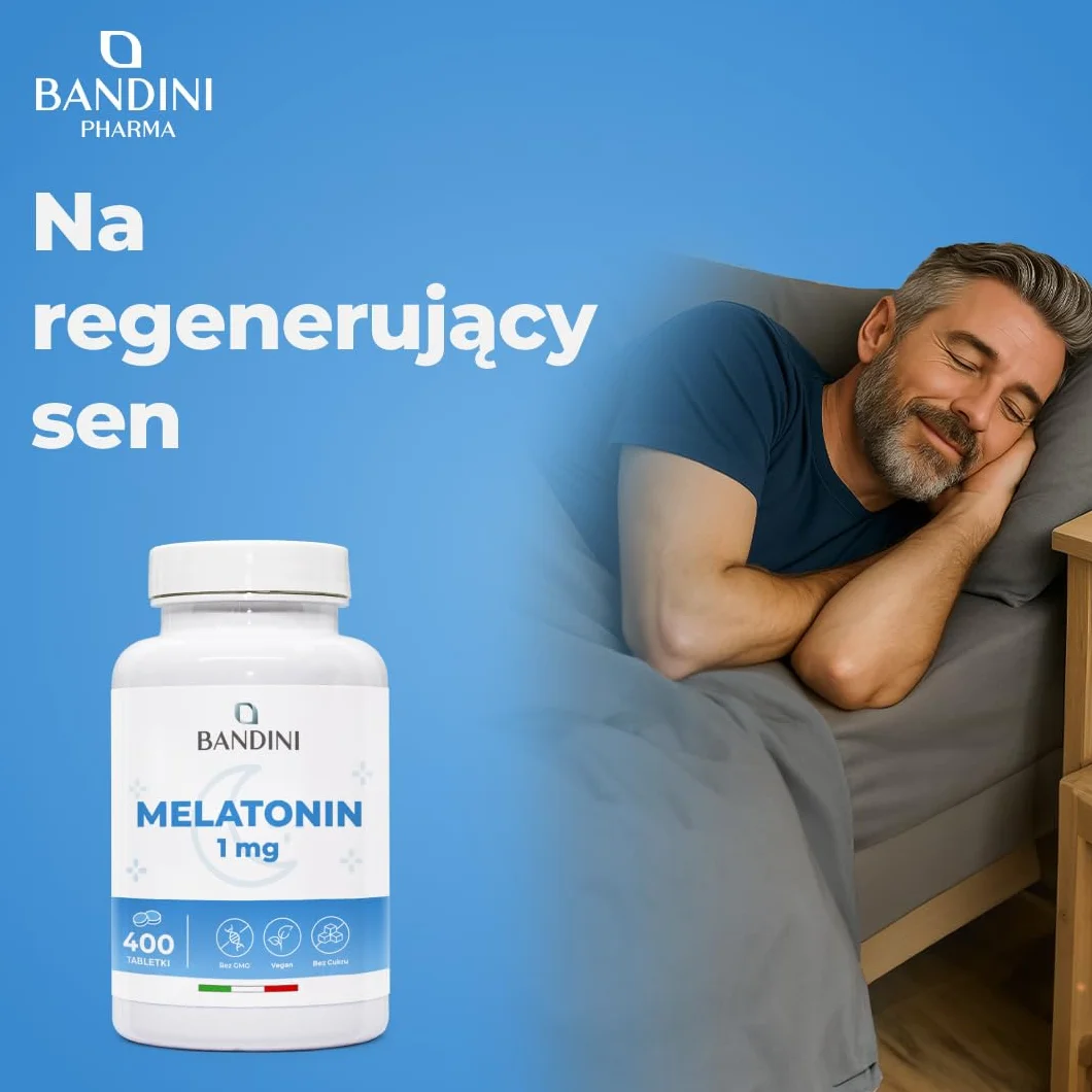 Bandini® Pure Melatonin - 400 wegańskich tabletek (zapas + 12 miesięcy), Melatonina Suplement na sen 1 mg w tabletce - Łatwy do połknięcia, Suplement na lepszy odpoczynek, Silna melatonina na sen