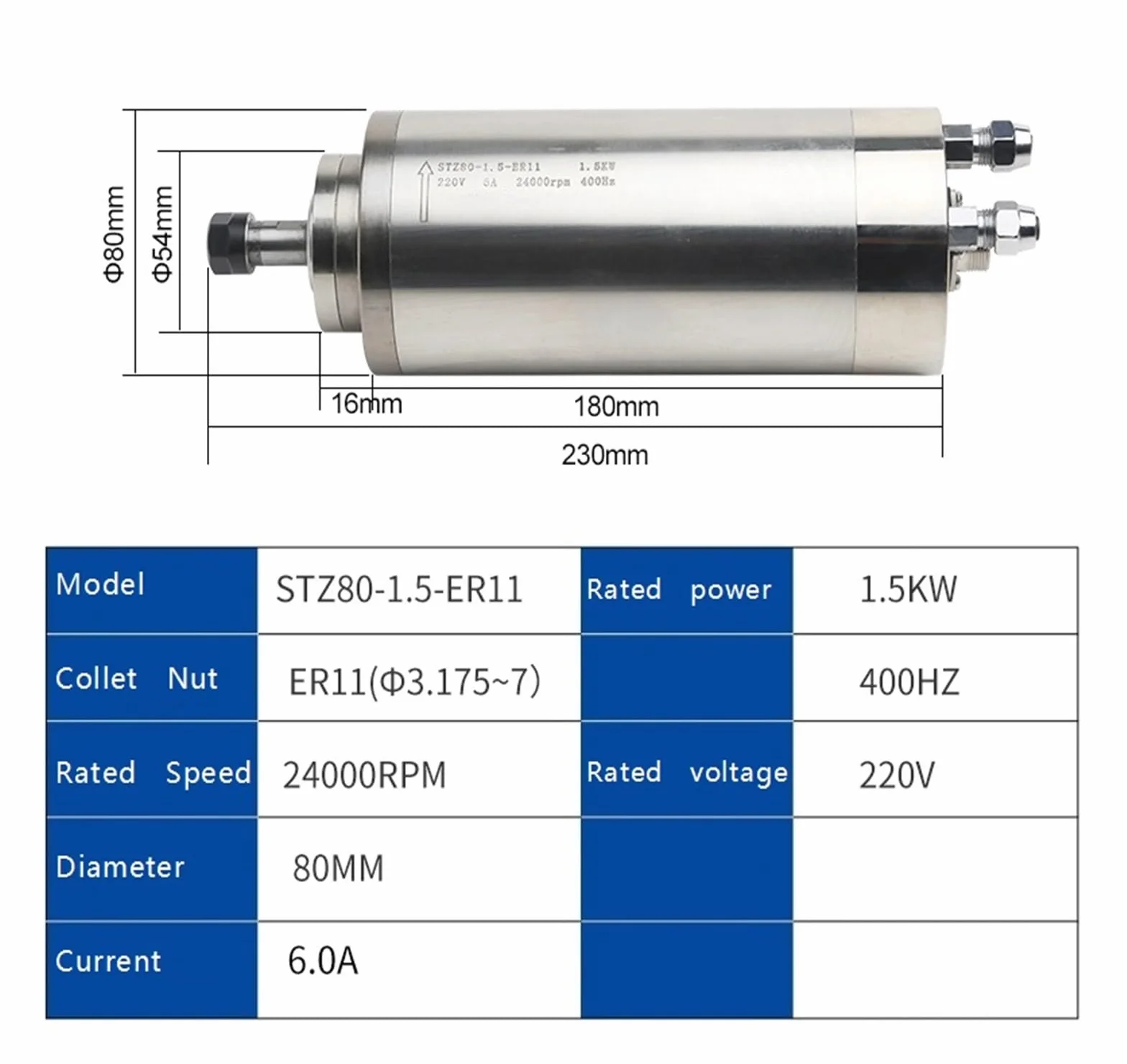 Silnik wrzeciona chłodzony wodą 0,8 KW 1,5 kW CNC (1,5kw-ER11-80mm-24000 obr./min-220 v)