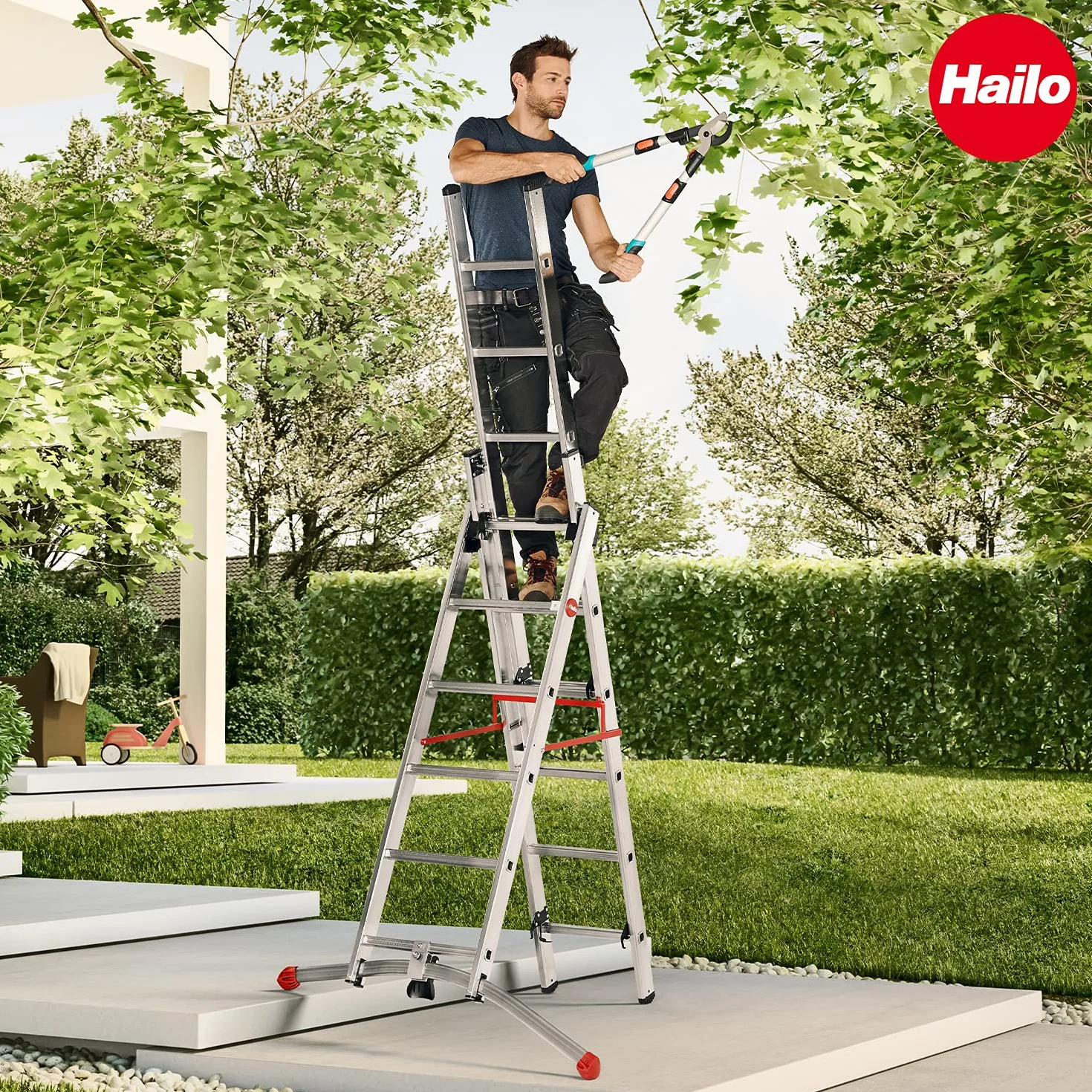 Hailo S100 ProfiLOT, aluminiowa drabina kombi z systemem LOT, 2 x 9 + 1 x 8 szczebli, system LOT, regulacja schodów, do 150 kg, srebrna, Made in Germany, 9309-507