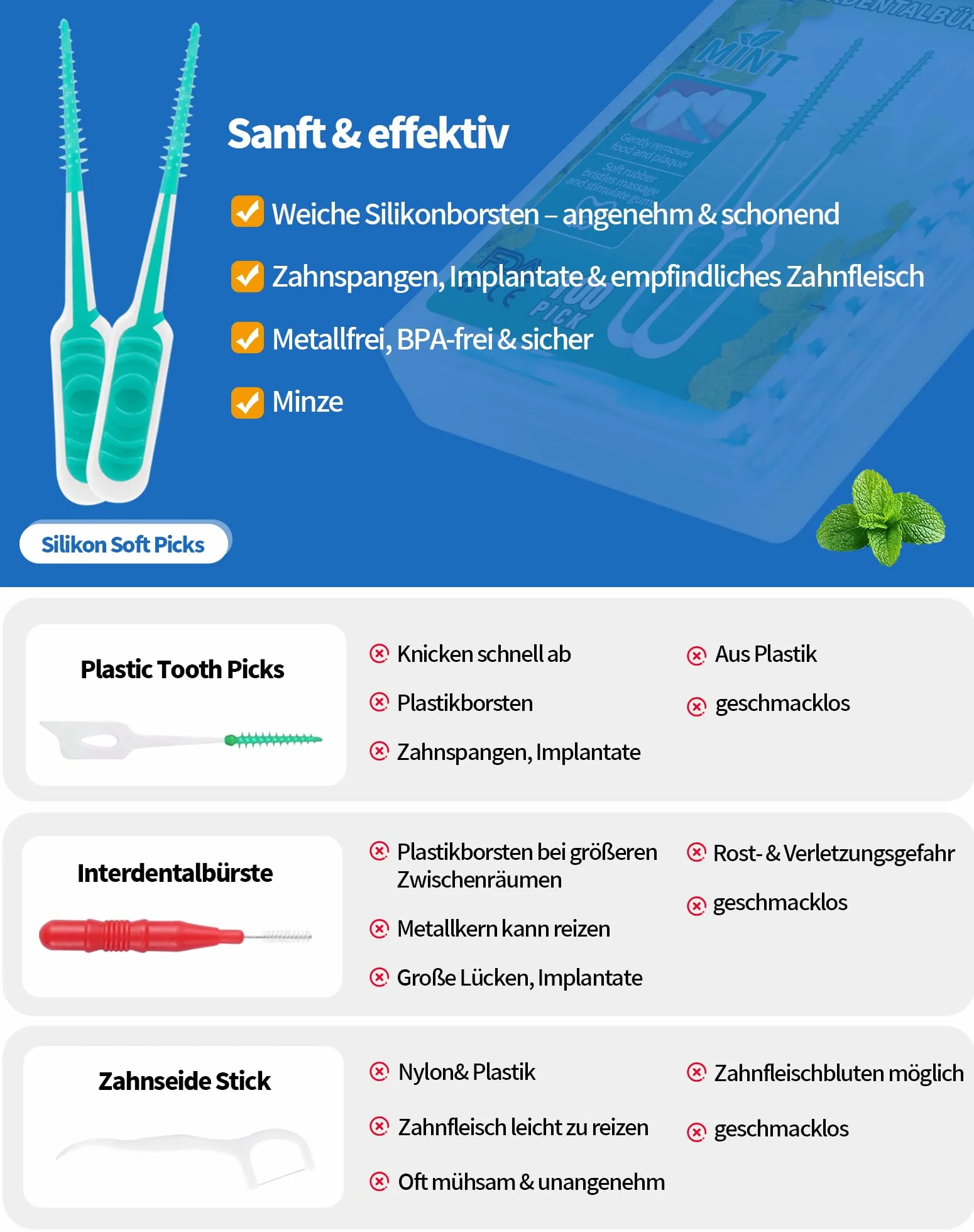 LAOYE 100 sztuk miękkich patyczków do zębów, miętowe, do czyszczenia międzyzębowych, silikonowe, szczoteczki międzyzębowe, szczotka do przestrzeni międzyzębowych, szczotka do zębów z przenośnym etui