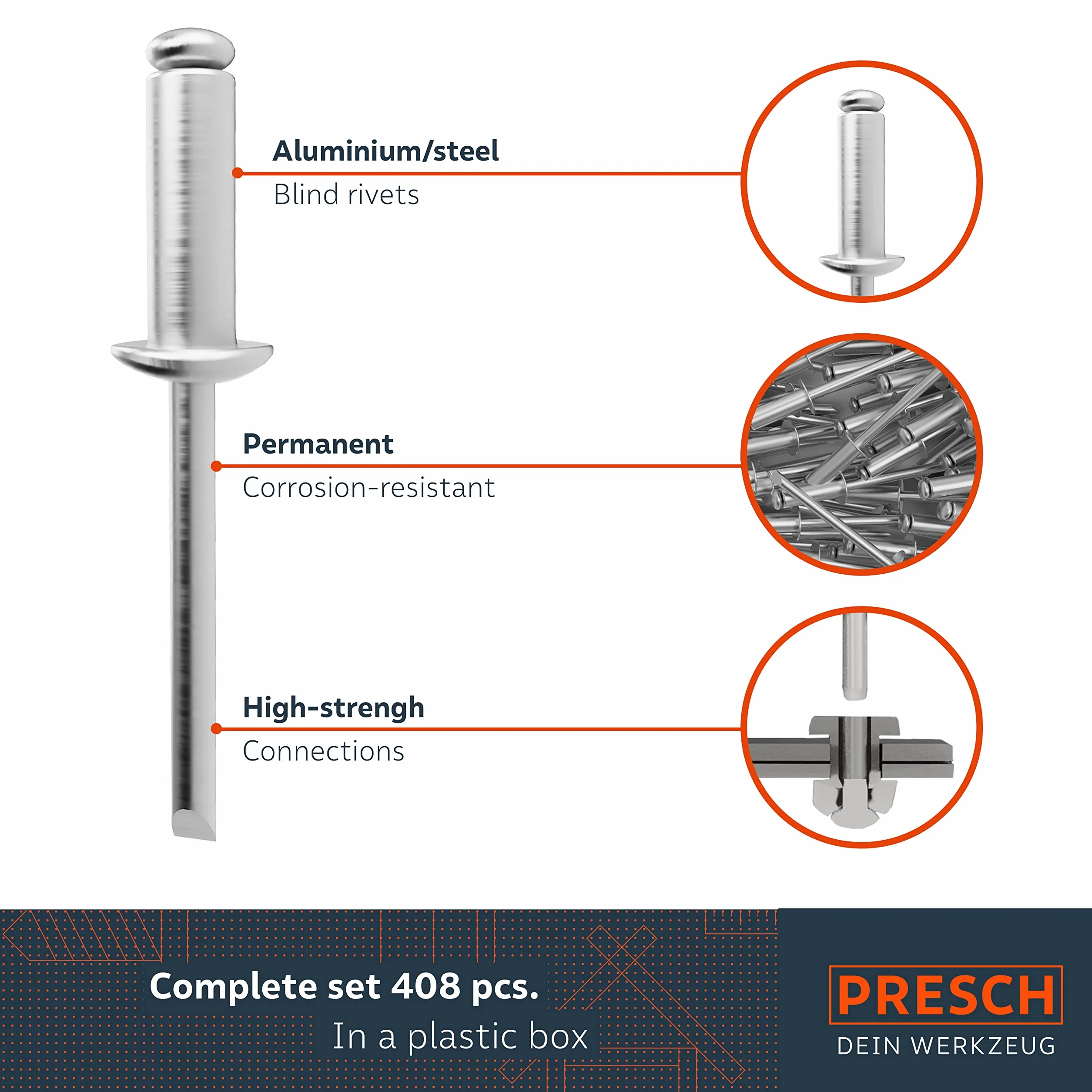 Presch Nity zrywalne w asortymencie 408 szt. z 8 wiertłami HSS - 400 nitów aluminiowych/stalowych 2,4, 3,2, 4,0 i 4,8 mm oraz 8 pasujących wierteł HSS 2,5, 3,3, 4,2 i 4,9 mm