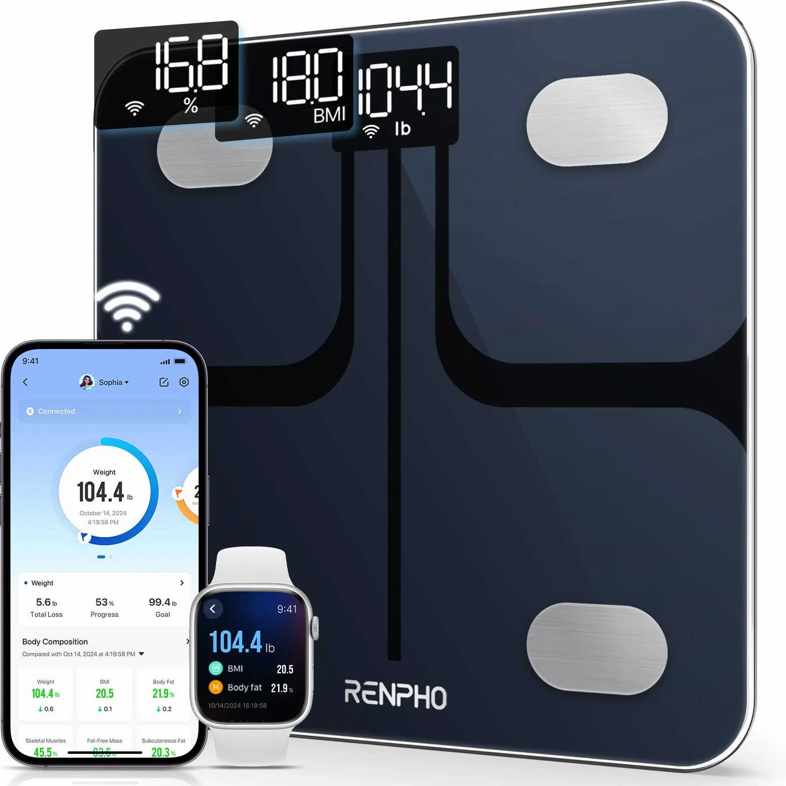 RENPHO Inteligentne Wi-Fi Wagi tkanki tłuszczowej do masy ciała, Cyfrowa waga łazienkowa Waga Bluetooth, Monitor składu ciała Wagi BMI z aplikacją na smartfona do toru fitness, technologia Step-On, czarny