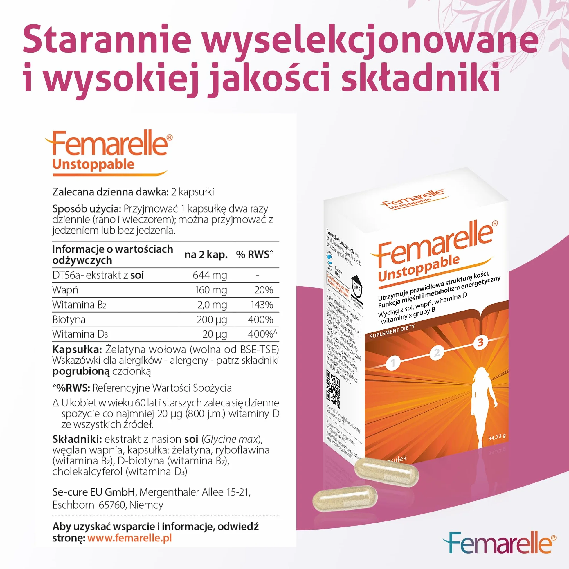 Femarelle Unstoppable 56 kapsułek – Wsparcie po menopauzie z DT56a, witaminą B2, witaminą D3, biotyną i wapniem