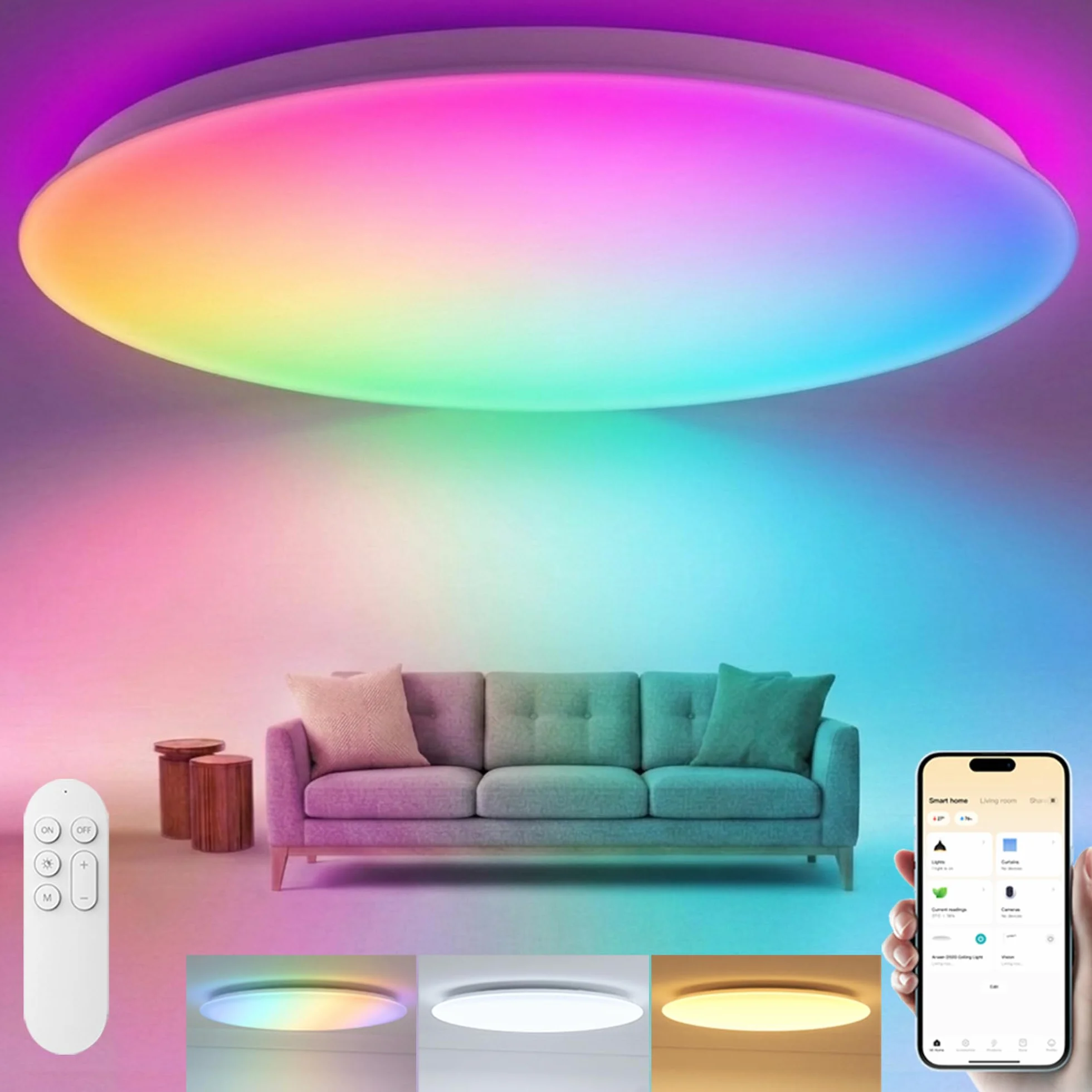 Yeelight Inteligentna Lampa Sufitowa LED 60 cm, 50 W, 4800 lm, RGBCW, Ściemnialny Plafon Smart WiFi, 16 mln Kolorów, 2700–6500 K, Szybki Montaż, Sterowanie Aplikacją, Alexa i Google Assistant