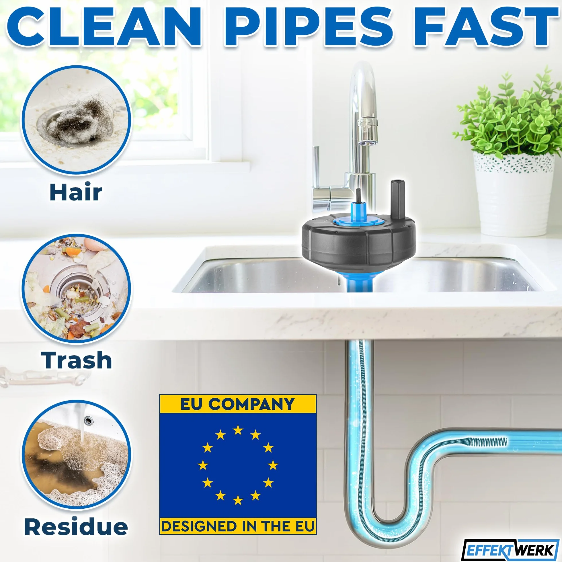 Drain Auger Drill Attachment with 7.6 m Plumbing Snake, Gloves, and Storage Bag - Pipe Clog Remover for Bathtub, Bathroom/Kitchen Sink and Shower Drains