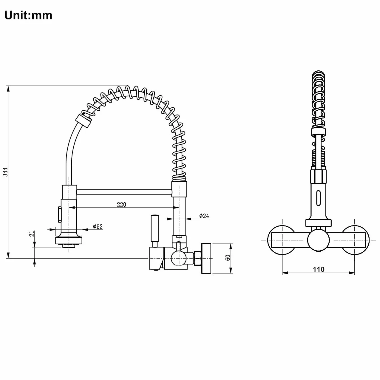 Bateria kuchenna ścienna 11 cm, wysoka bateria ścienna zakrzywiona z wyciąganą wylewką prysznicową, 2 tryby natrysku, obrotowy kran ścienny 360°, bateria kuchenna ze stali nierdzewnej, matowa | Jednouchwytowa bateria ścienna, kran sprężynowy do zlewu, sta