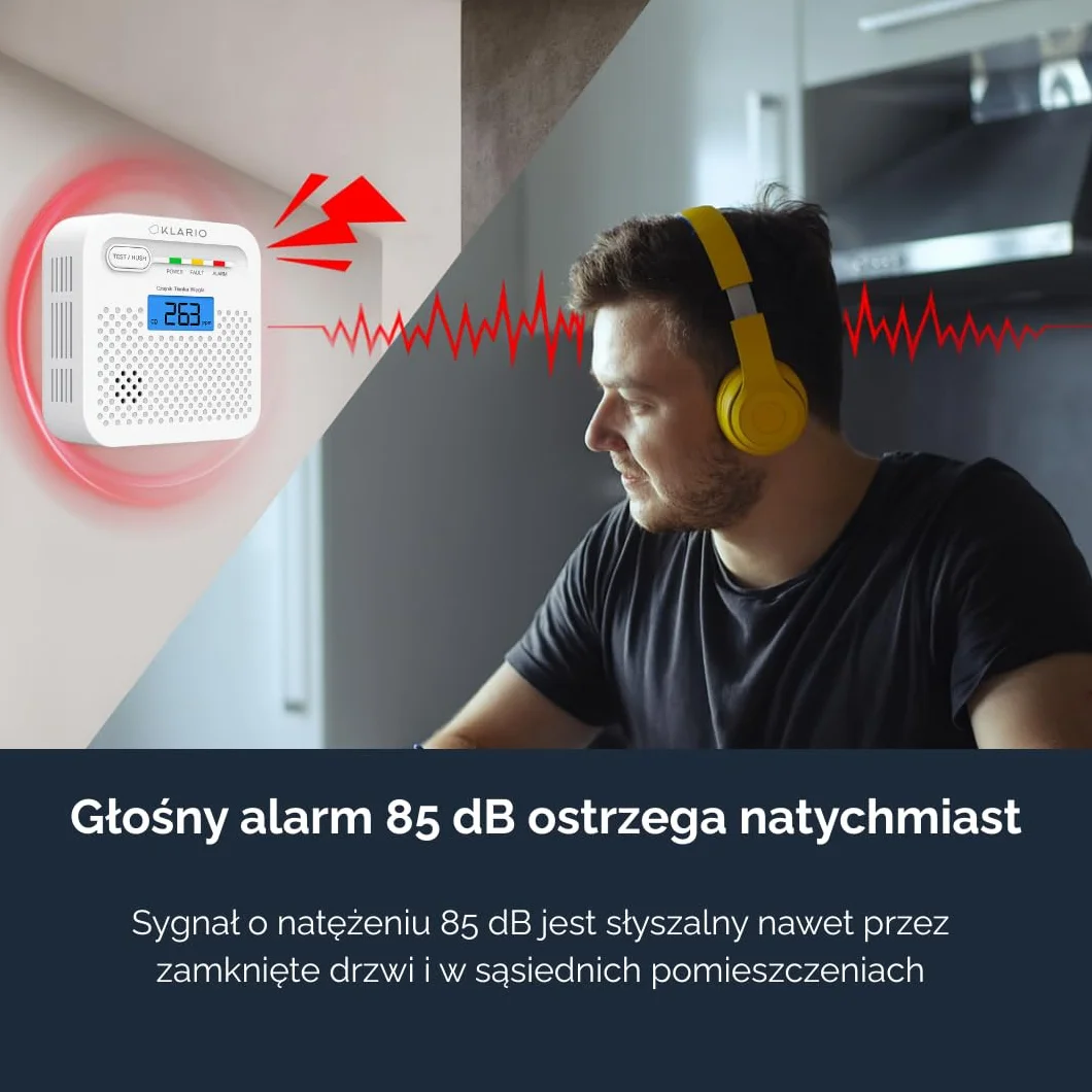 Klario Czujnik Czadu CO WiFi Tuya SmartLife Detektor Tlenku Węgla 85 dB LCD Bateria 10 lat EN50291