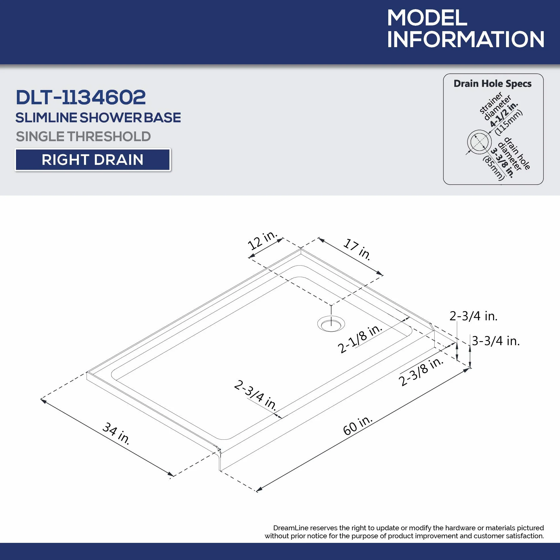 DreamLine DLT-1134602-T44 Slimline 86.4 cm śr. x 152.4 cm szer. x 2 3/10.2 cm prawy odpływ pojedynczy próg podstawa prysznicowa w kolorze łupkowym szarym