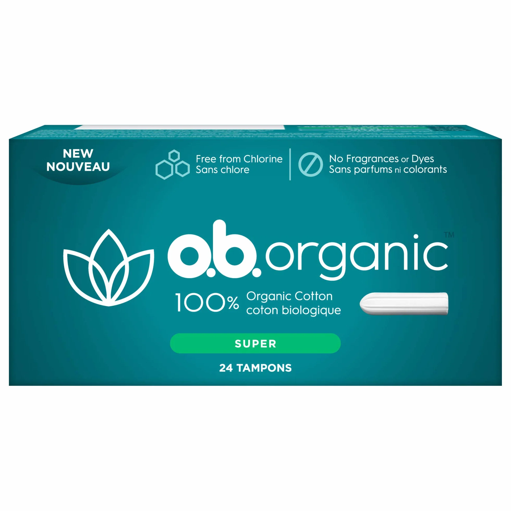 o.b. Tampony organiczne, wykonane w 100% z bawełny organicznej, sprawdzona 8-godzinna ochrona przed wyciekami, Super, 24 sztuki