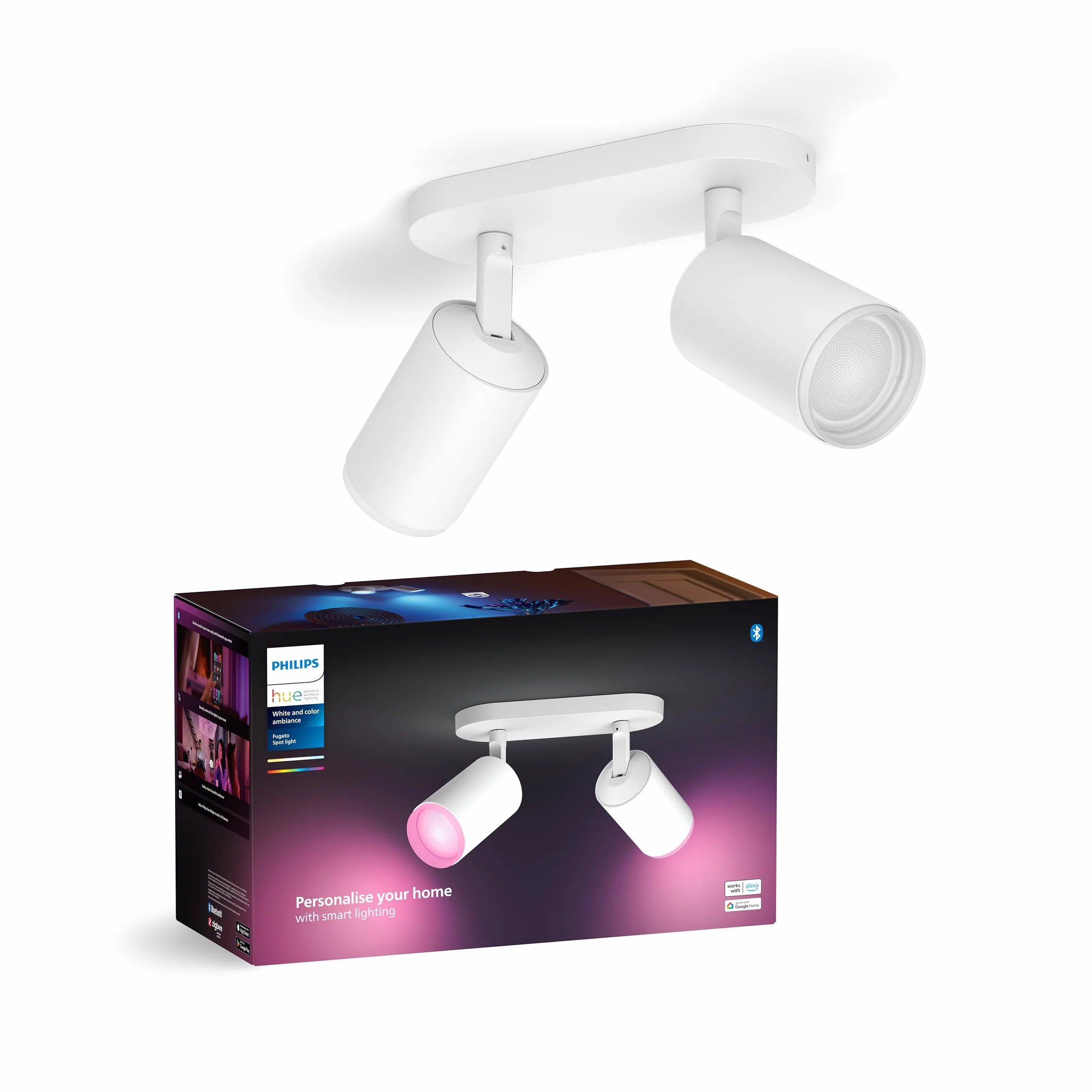 Philips Hue White & Color Ambiance Fugato Spot 2 flg, regulowany, 16 milionów kolorów, sterowany za pomocą aplikacji, kompatybilny z Amazon Alexa (Echo, Echo Dot)