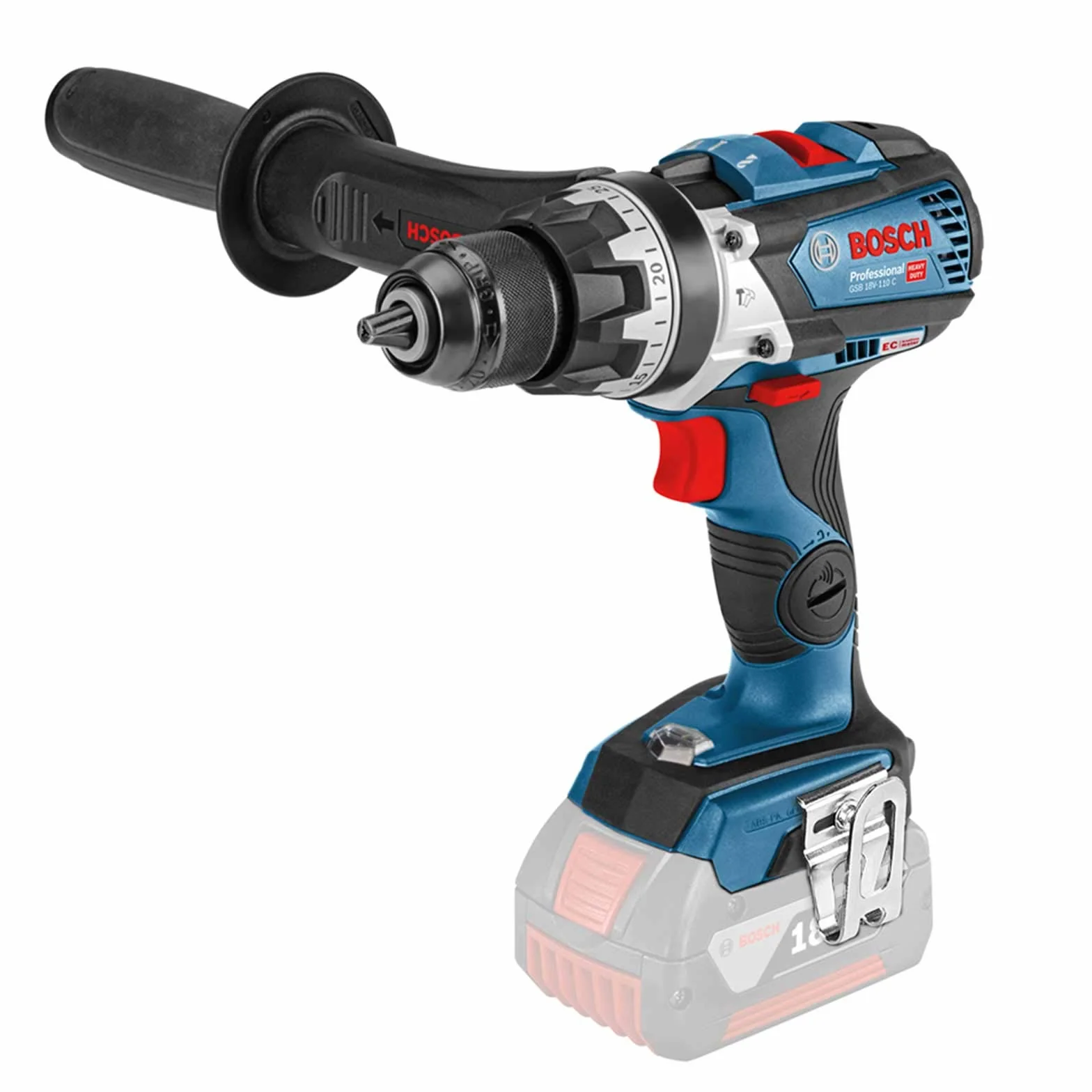 Bosch Professional system 18V: akumulatorowa wiertarko-wkrętarka udarowa GSB 18V-110 C (maksymalny moment obrotowy 110 Nm)
