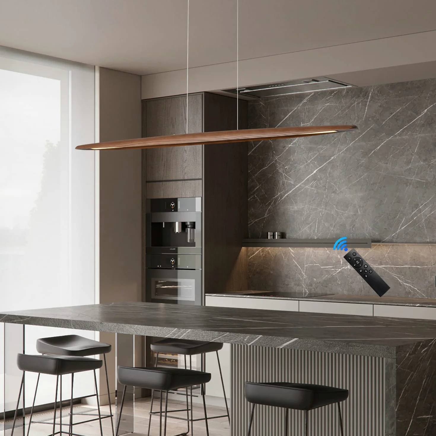 YISDESIGN 180 cm drewniana liniowa lampa wisząca - światła do jadalni i wyspy - LED ściemniany liniowy żyrandol - 40 W - kolor orzecha włoskiego