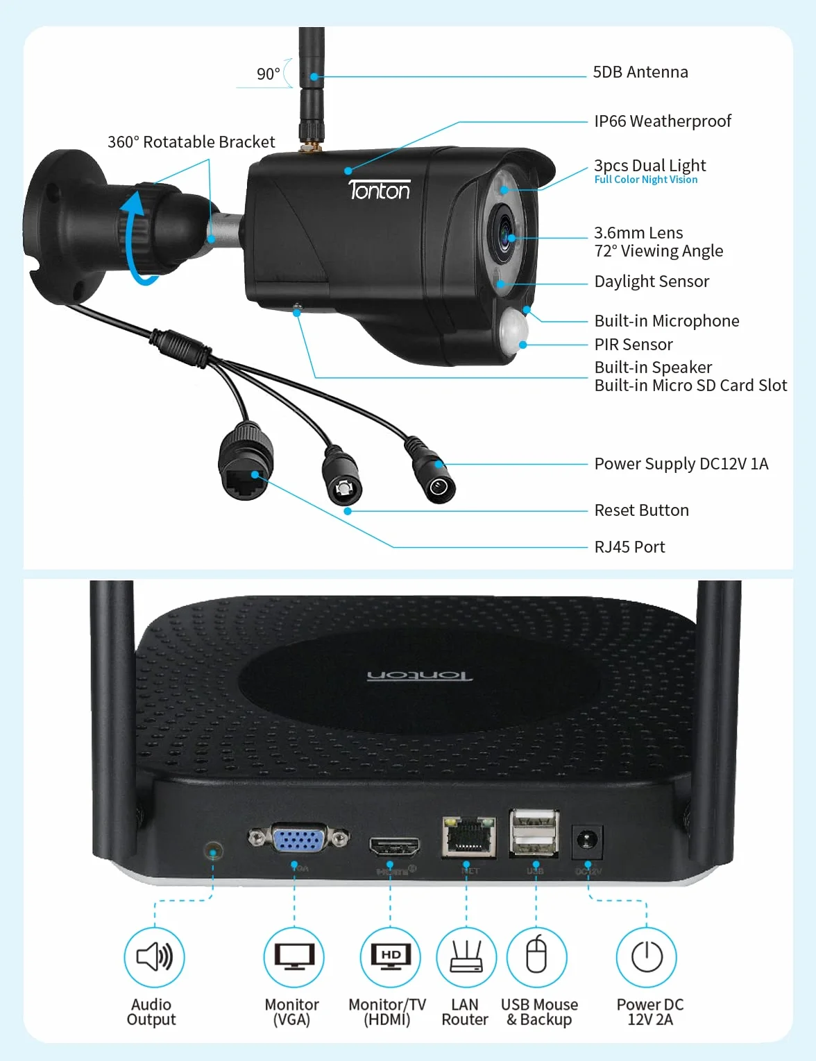 [LED Spotlight+czujnik ciepła PIR] Tonton 5MP kamera monitorująca WLAN system monitorowania 10CH NVR z 6 szt. 3MP kamera zewnętrzna bezprzewodowy dostęp online audio domofon na podczerwień/kolor