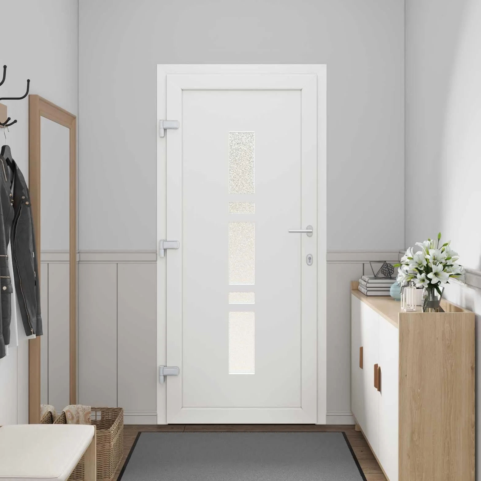 Drzwi wejściowe antracytowe PCW 98 x 200 cm, drzwi wejściowe z wkładkami szklanymi, łącznie z uchwytem, taśmą, zamkiem, uszczelką do wejścia, drzwi przednich, drzwi dodatkowych, odporne na