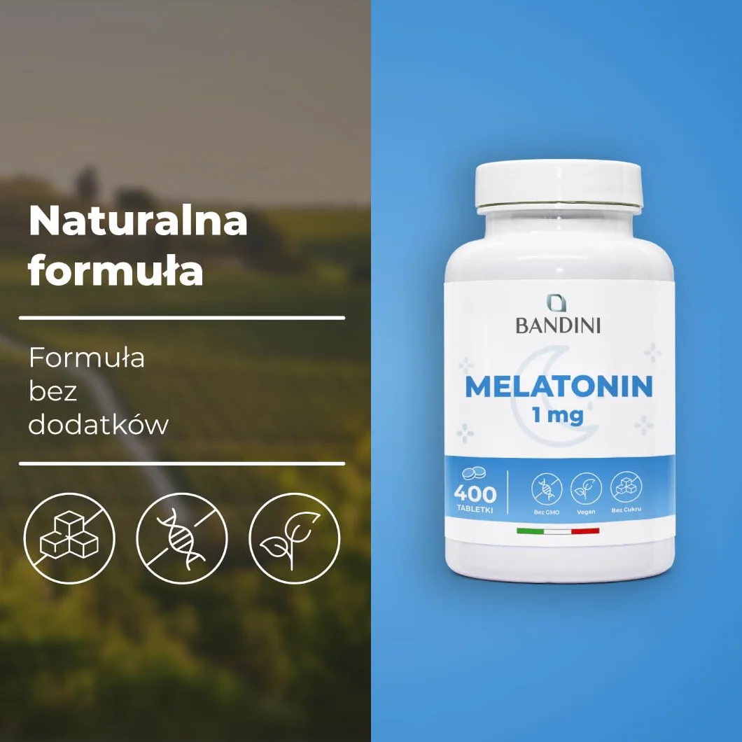 Bandini® Pure Melatonin - 400 wegańskich tabletek (zapas + 12 miesięcy), Melatonina Suplement na sen 1 mg w tabletce - Łatwy do połknięcia, Suplement na lepszy odpoczynek, Silna melatonina na sen
