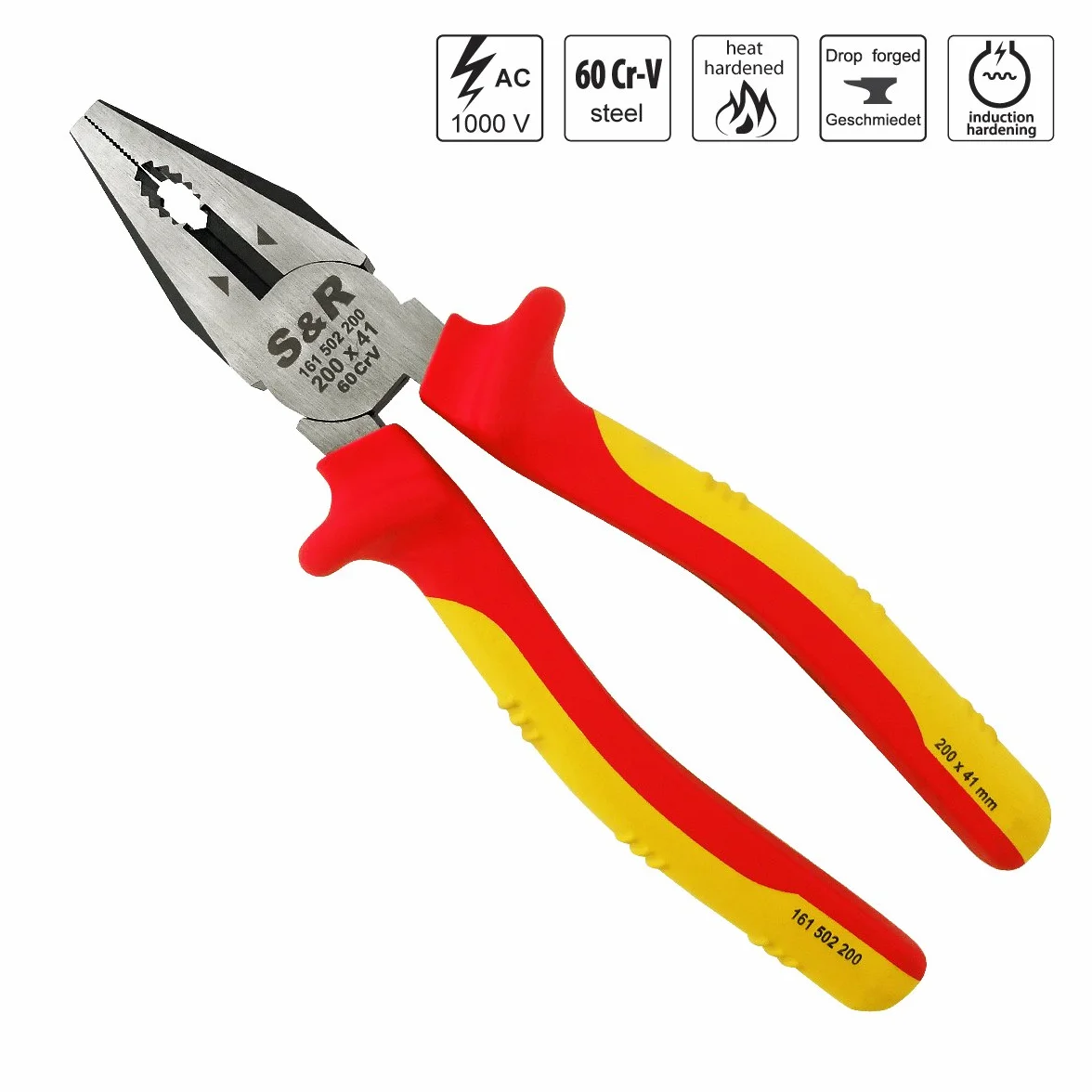 S&R Szczypce kombinowane z certyfikatem VDE 200 mm 1000 V, szczęki 41 mm, stal 60CrV, HRC 58-65, fosforanowane
