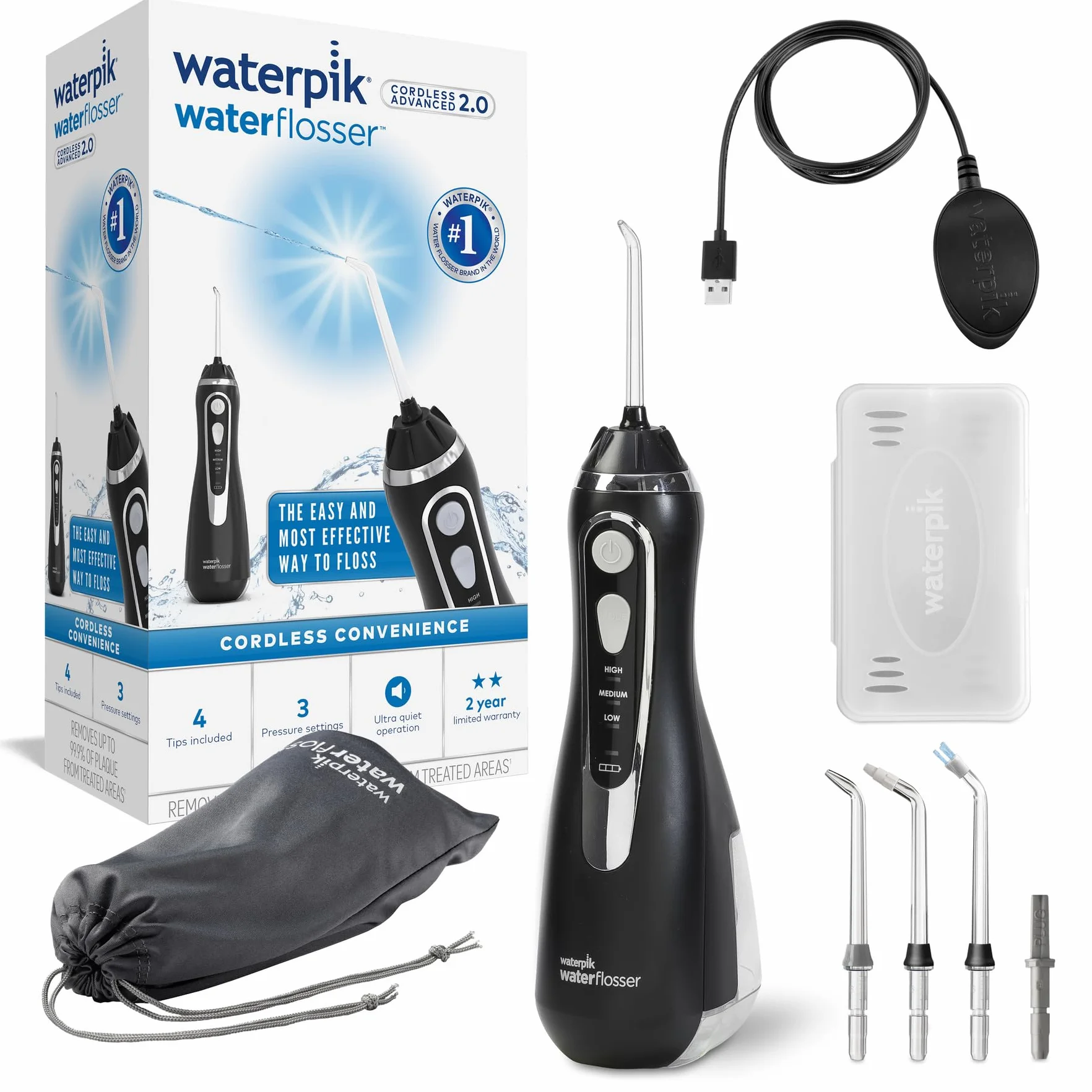 Waterpik Irygator Bezprzewodowy Cordless Advanced, 3 Ustawienia Ciśnienia, Usuwanie Płytki Nazębnej, Idealny w Podróż i do Małej Łazienki, Zasilanie Akumulatorowe USB, Kolor Czarny (WP-582EU)