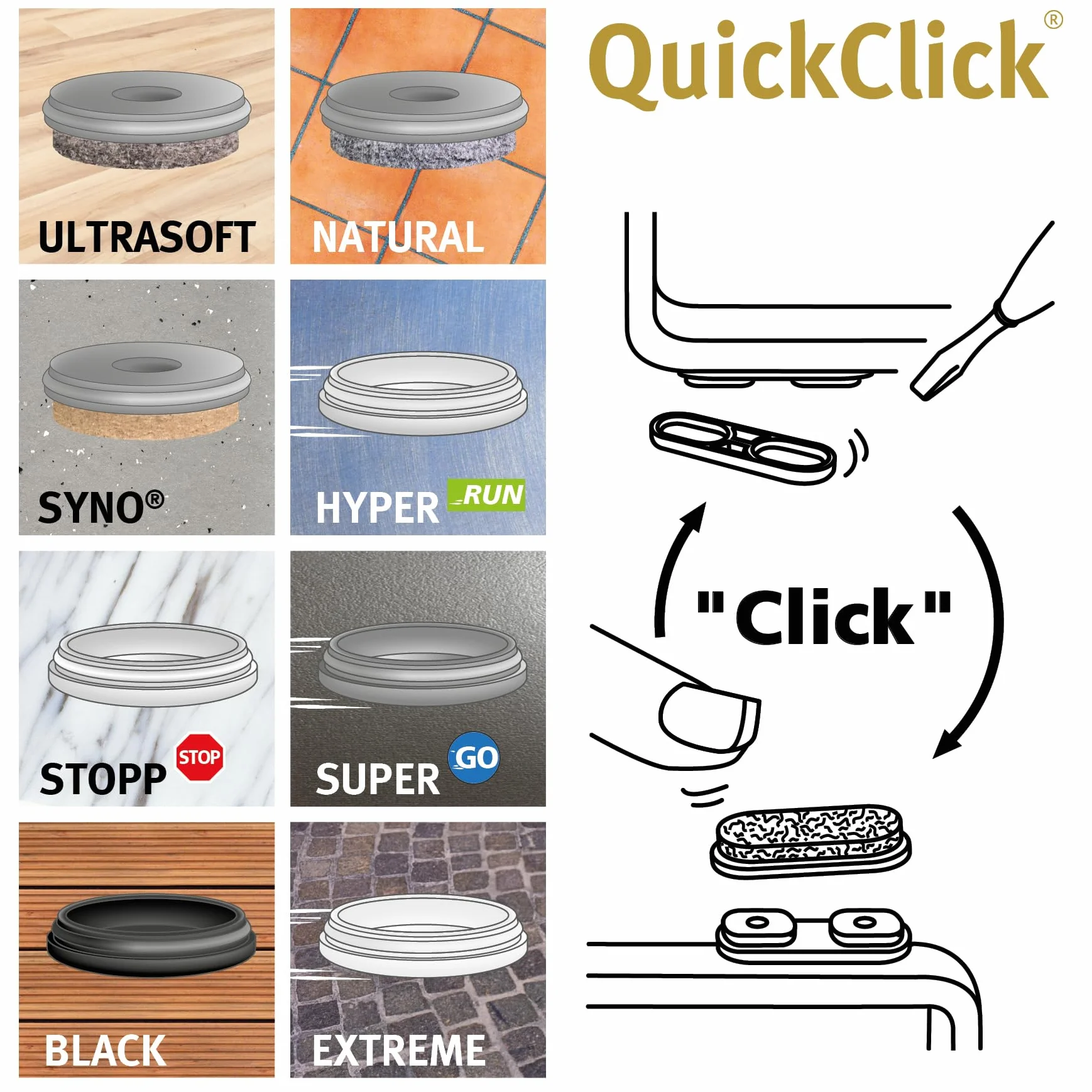 Wagner QuickClick® Tandem ślizgacze filcowe do mebli, zestaw 8 wymiennych ślizgaczy, filcu wełnianego, 39 x 12 mm, do podstawy 32 x 15 mm, Made in DE - 15899000