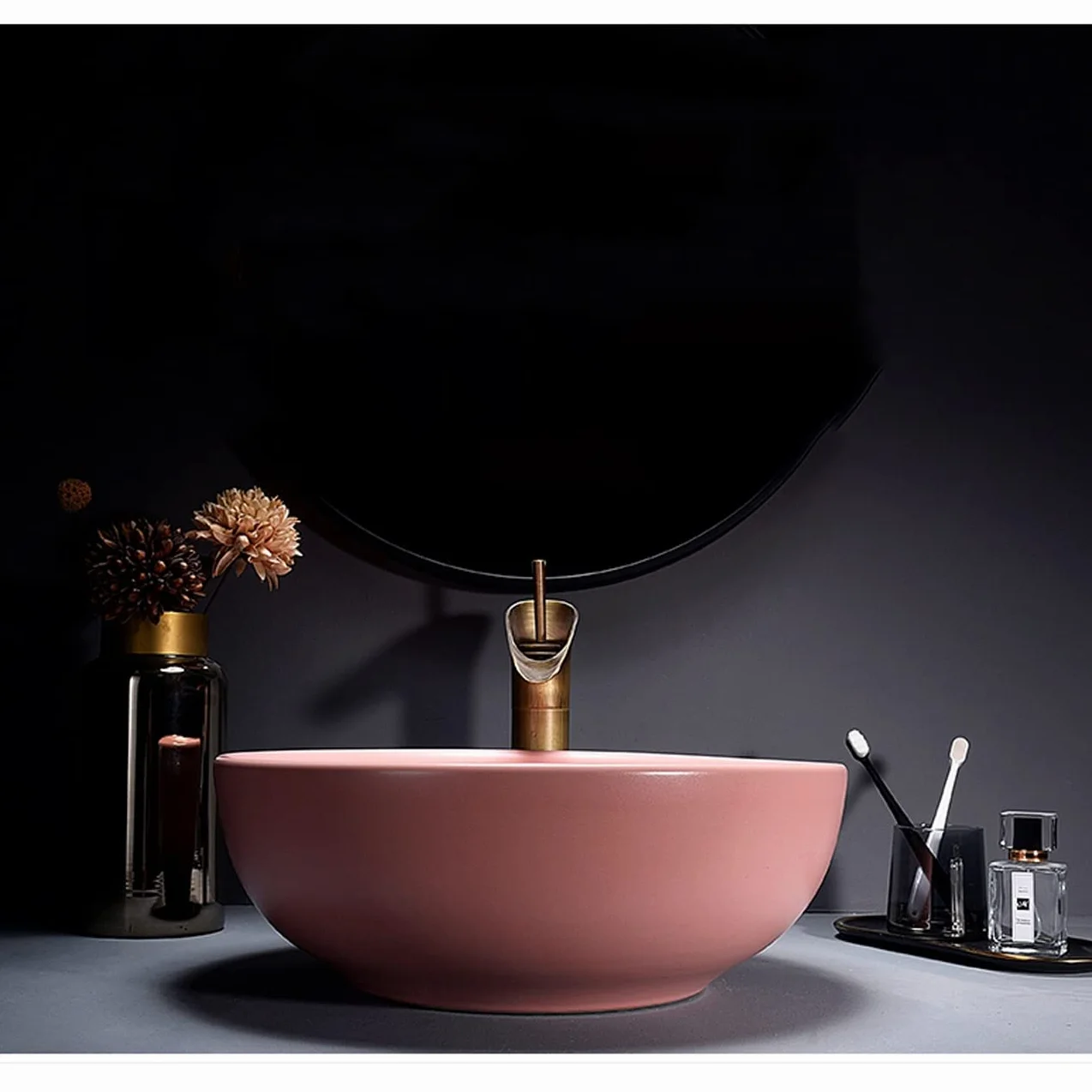 Umywalka Łazienkowa Nablatowa, Okrągła Ceramiczna Umywalka Nablatowa Z Porcelany, Minimalistyczna, Rozmiar Pinkone
