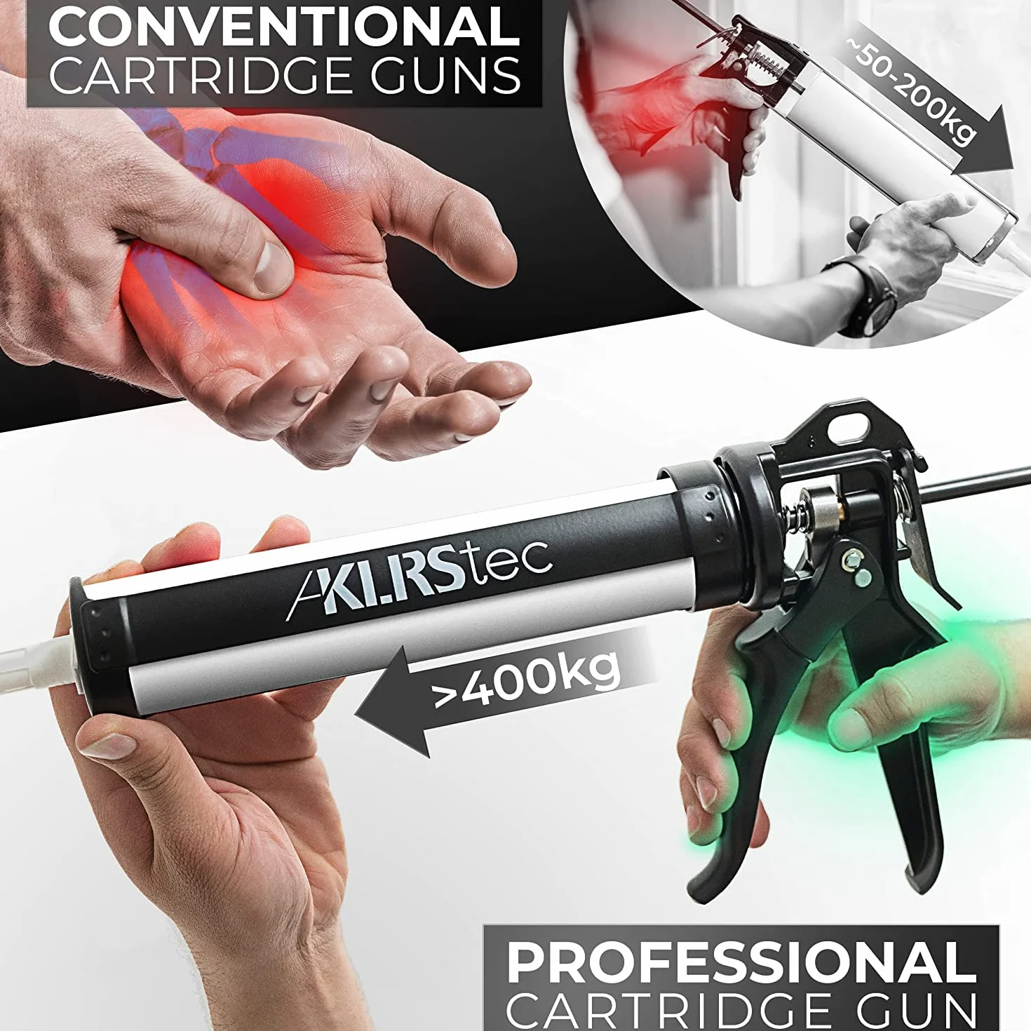 KLRS tec Professional Caulking Gun I Your Joints Will be Perfect! Profesjonalny metalowy pistolet do wszystkich popularnych wkładów uszczelniające i klejących (silikon, akryl itp.) 310 ml