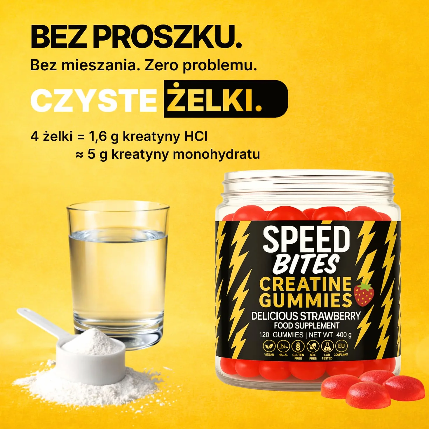 Kreatyna HCl Żelki 1600 mg 120 Żelków Wegańskie Bez Cukru Wysoka Przyswajalność Siła Energia Regeneracja