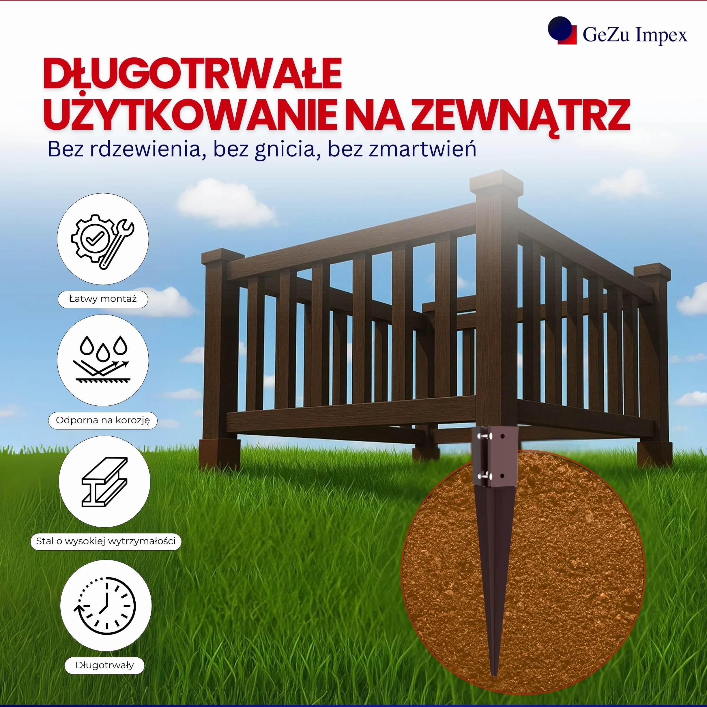GEZU IMPEX Szybkozaciskowy Wspornik Wbijany 75 x 75 x 600 mm Zestaw 8 Kotwa Gruntowa Uchwyt Slupka Ogrodzeniowego Zacisk Wbijany Pokryty Proszkowo