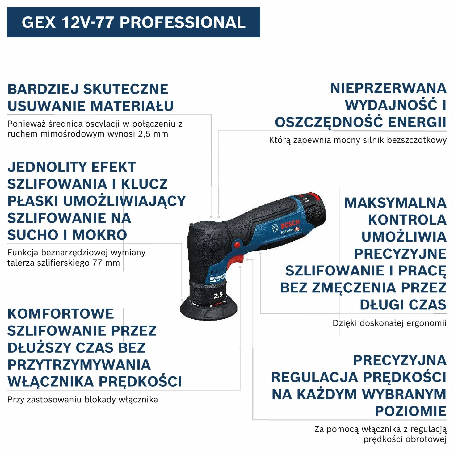 Bosch PRO 12V System Akumulatorowa szlifierka mimośrodowa GEX 12V-77 (talerz oporowy 77 mm z mocowaniem na rzepy, klucz)