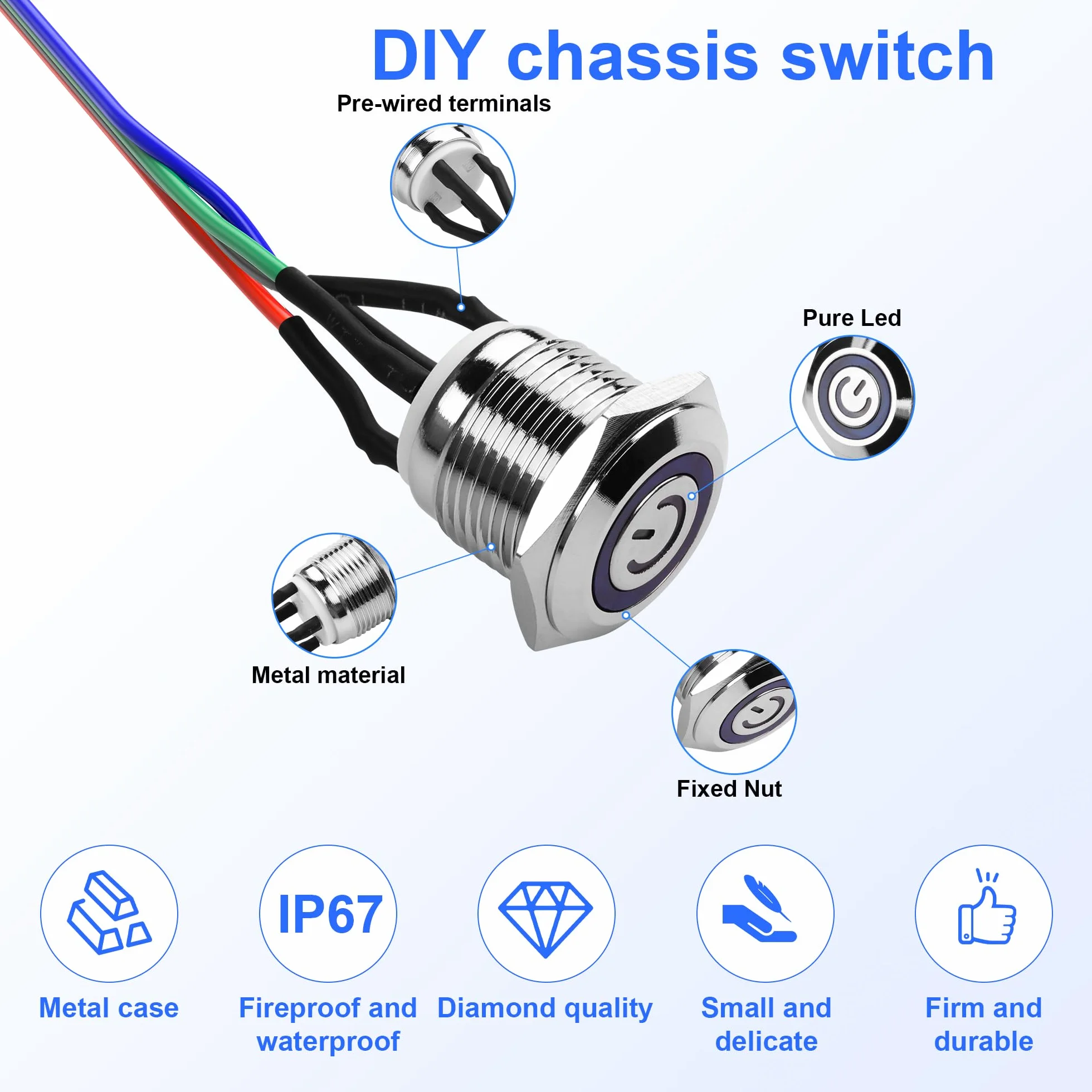 SinLoon Przełącznik komputerowy DIY przycisk zasilania 16 mm LED PC przełącznik zasilania z rozdzielaczem 1 w 2 niklowany aluminiowy przycisk mechaniczny IP67 wodoodporny (niebieskie podświetlenie