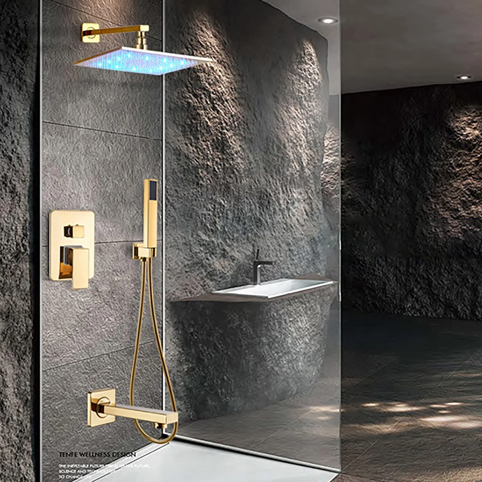 System prysznicowy LED z wylewką wannową, deszczownicą kwadratową i ręcznym zestawem prysznicowym, ściennym zestawem baterii prysznicowej Golden (16 inches)