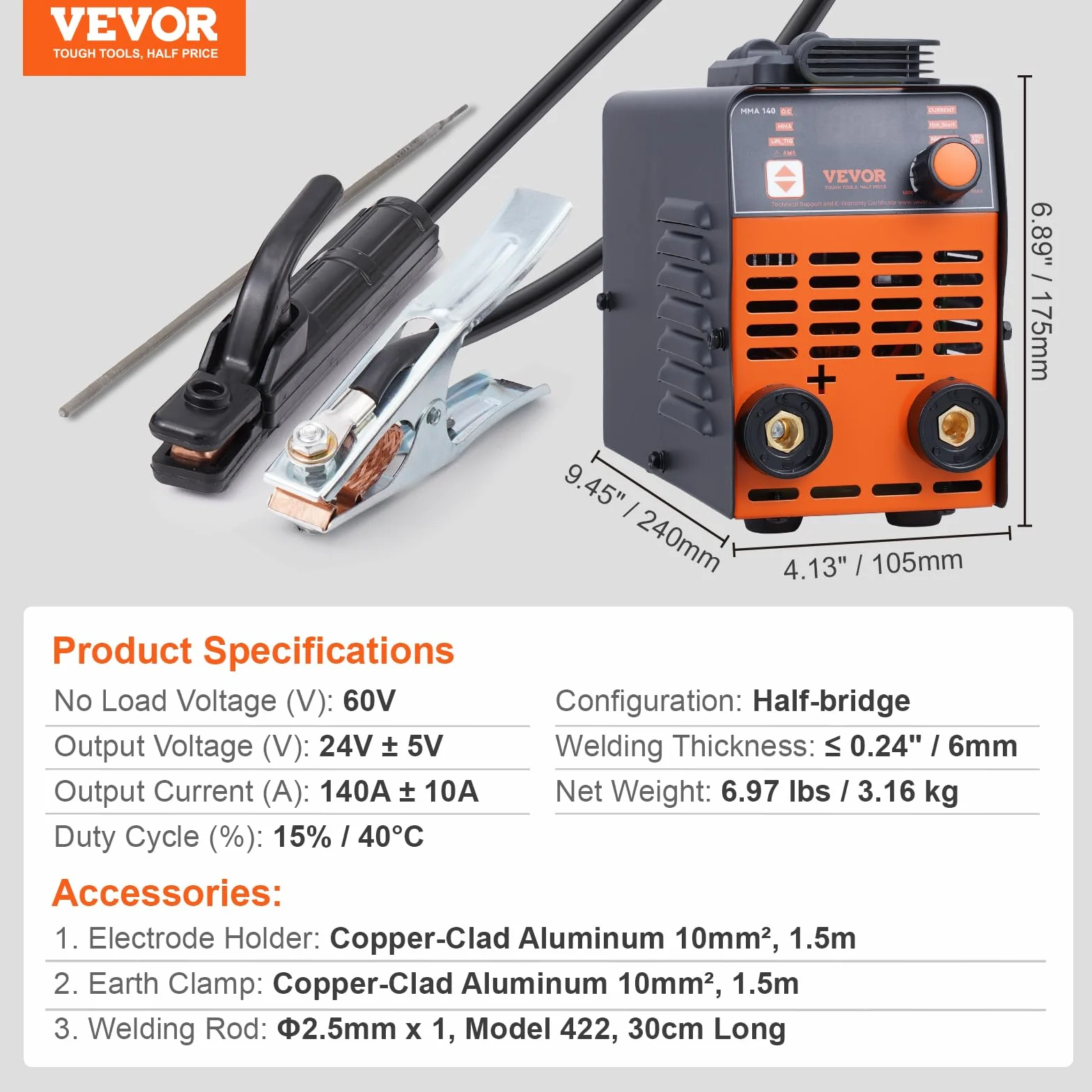 VEVOR 220 V Łuk lutowniczy/100A z dużym wyświetlaczem LED, przenośna spawarka prętowa 2 w 1 z gorącym rozruchem, 240 x 105 x 175 mm