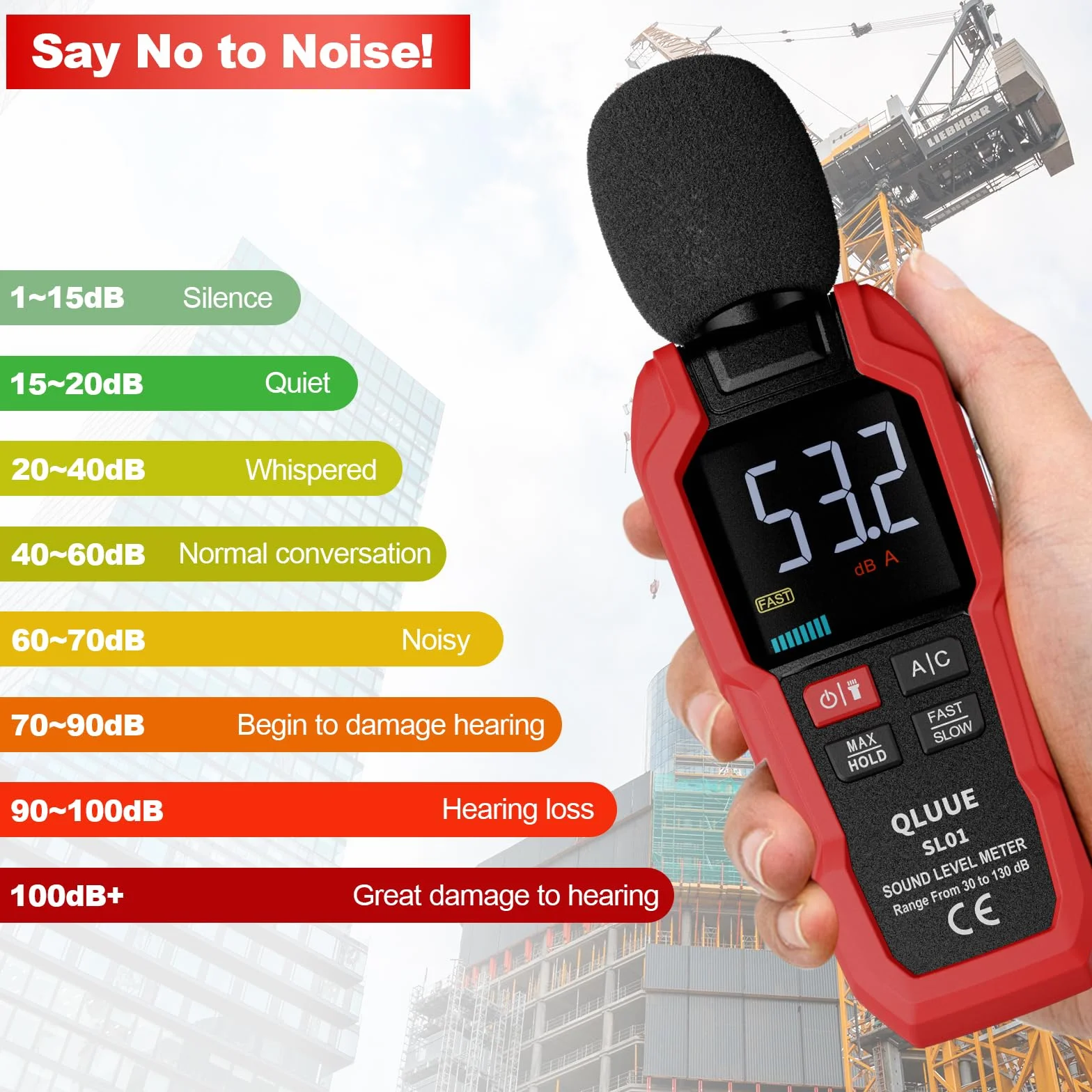 Cyfrowy przenośny miernik poziomu dźwięku, 30 dB do 130 dB, wyświetlacz LCD z obciążeniem A/C, może być używany w domu, w fabryce i na ulicy