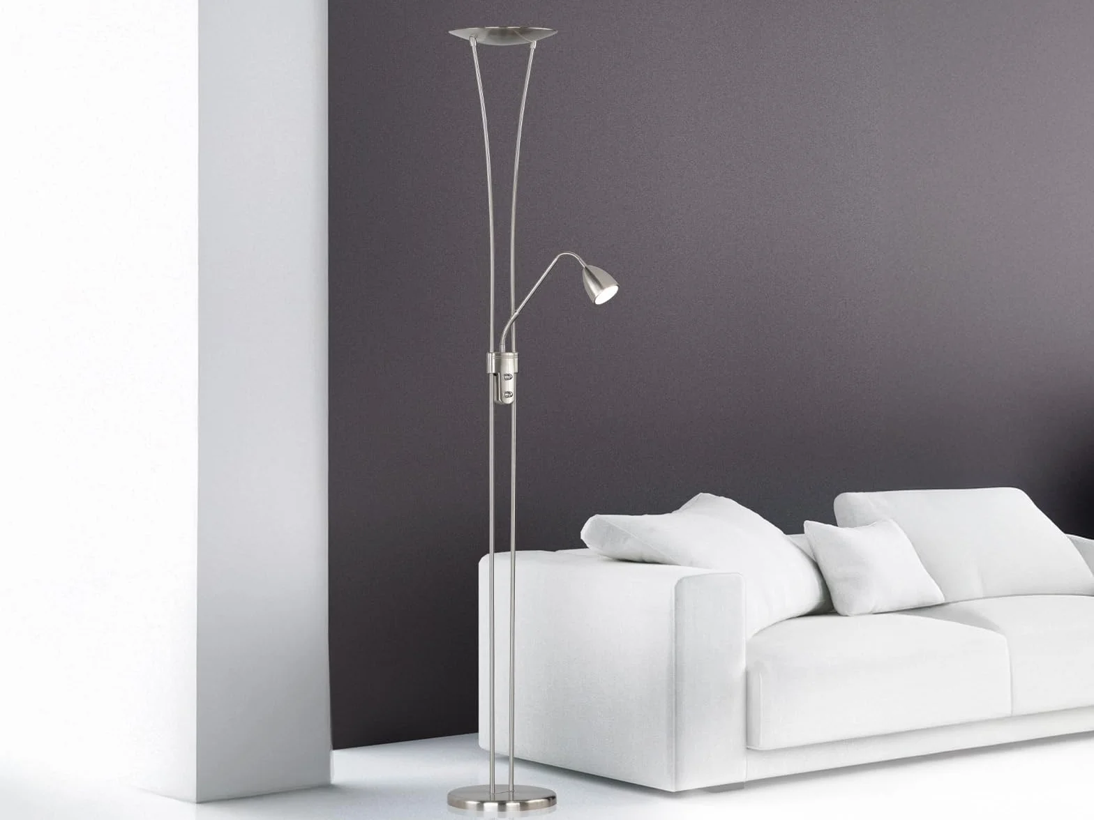 Trio Leuchten Lampa LED w kolorze matowego niklu, łącznie z 1 x 20 W LED i 1 x 5 W LED, reflektor i ramię do czytania oddzielnie ściemniane, wysokość – 180 cm 426410207