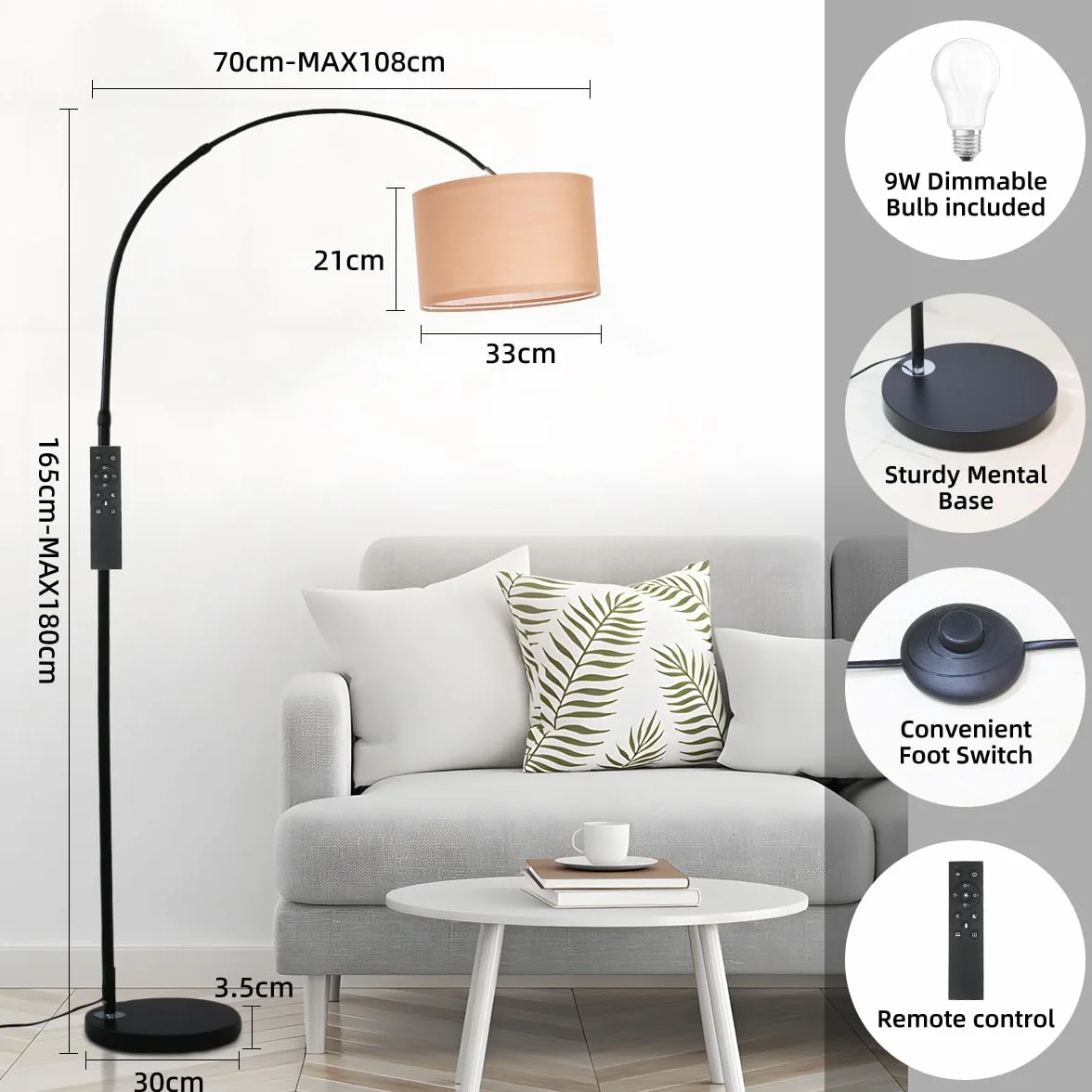 ANTENLICHT AURA Lampa łukowa z pilotem | Lampa stojąca do salonu z regulacją jasności | W zestawie żarówka LED E27 | Brązowy abażur z tkaniny 33 cm | Przełącznik nożny | Lampa łukowa w stylu vintage,